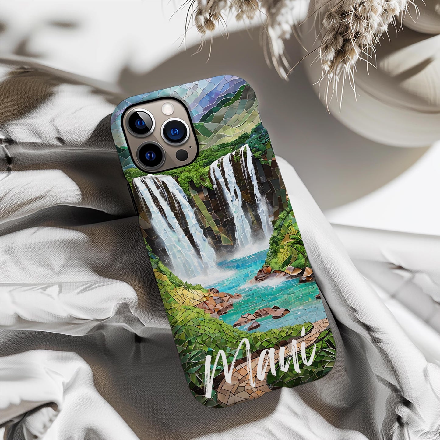Maui Hawaii Tough Case, Waterfall Mosaic Phone Case Tropical Landscape Phone Cover Compatible with iPhone, Galaxy and Google