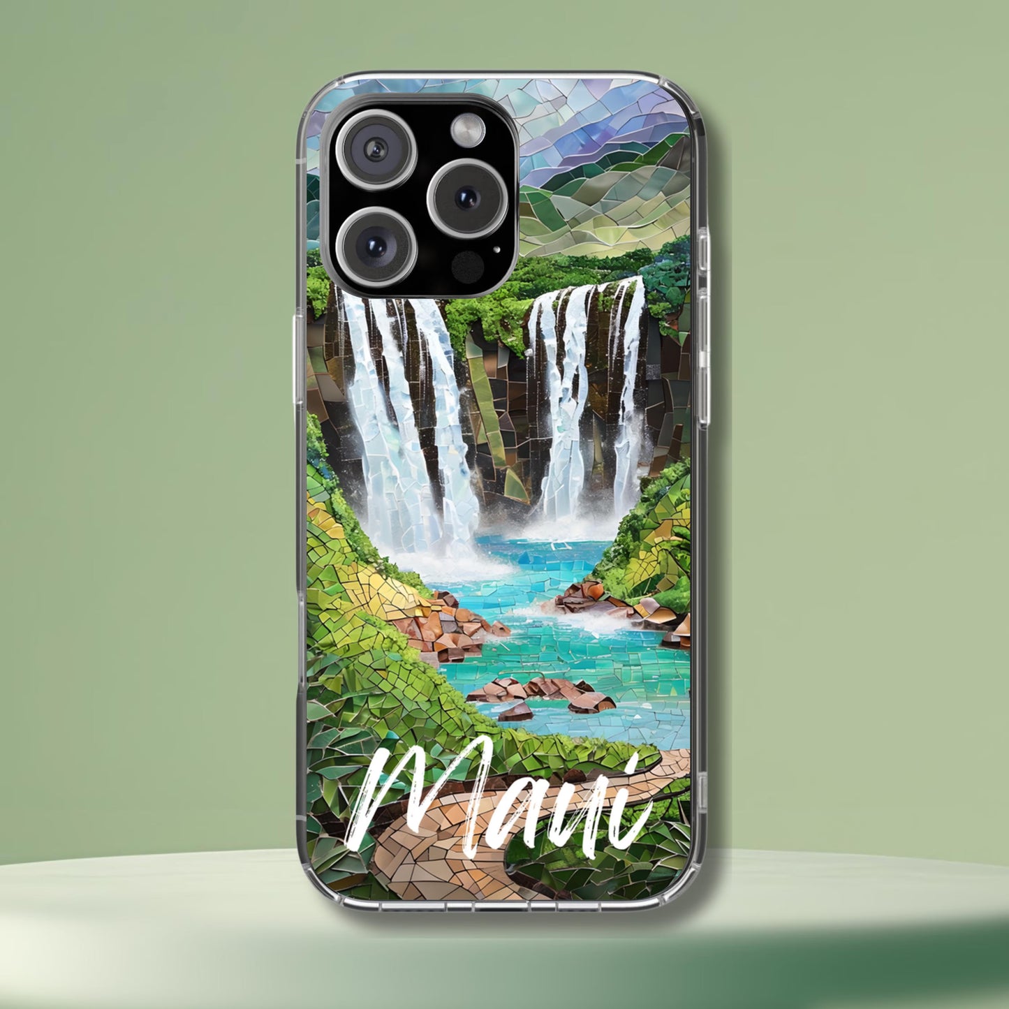 Maui Hawaii Tough Case, Waterfall Mosaic Phone Case Tropical Landscape Phone Cover Compatible with iPhone, Galaxy and Google