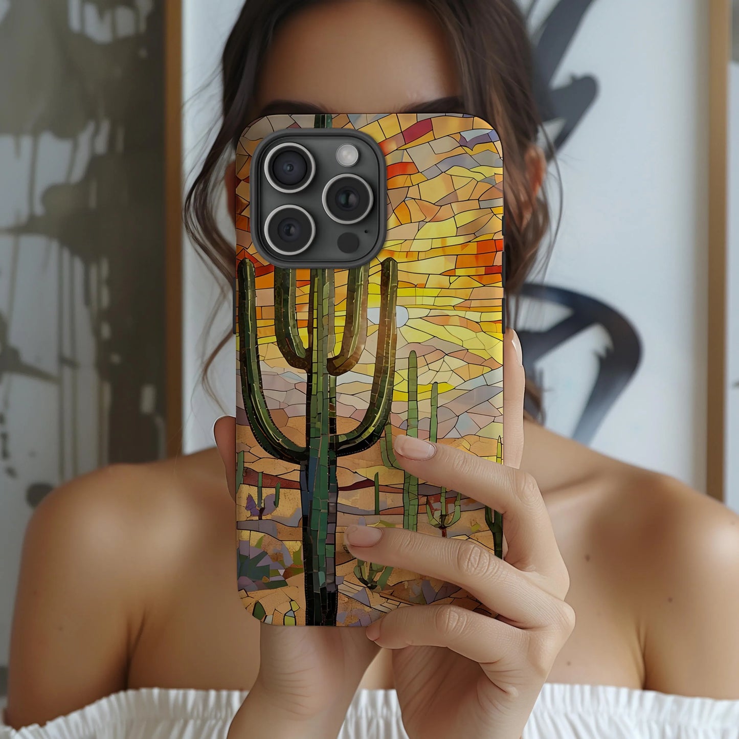 Saguaro Mosaic Tough Phone Case, Vibrant Desert Cactus Art, Southwest Nature Aesthetic, Compatible with iPhone, Galaxy and Google