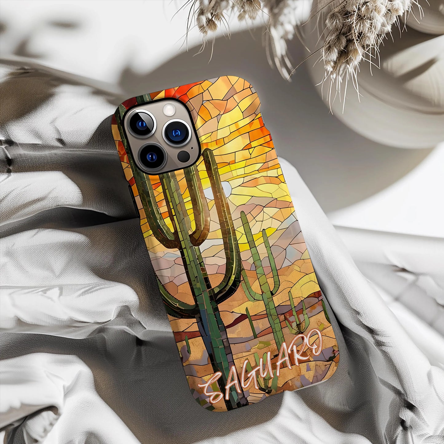 Saguaro Mosaic Tough Phone Case, Vibrant Desert Cactus Art, Southwest Nature Aesthetic, Compatible with iPhone, Galaxy and Google