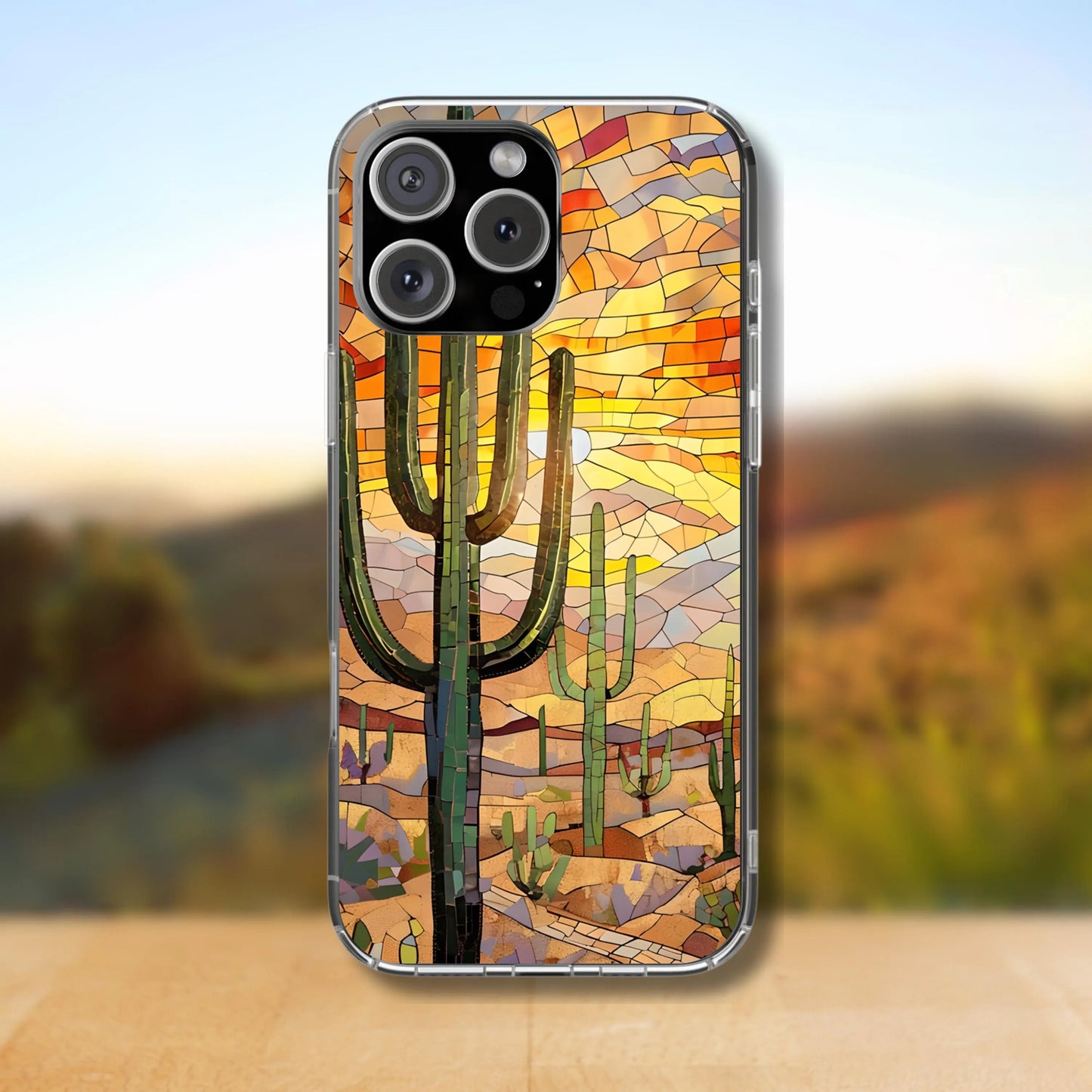 Saguaro Mosaic Tough Phone Case, Vibrant Desert Cactus Art, Southwest Nature Aesthetic, Compatible with iPhone, Galaxy and Google