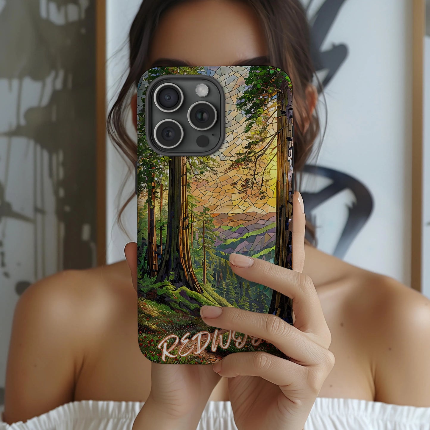 Redwood National Park Tough Case, Mosaic Forest Sunset Phone Case, California Nature Trail Cover Compatible with iPhone, Galaxy, and Google