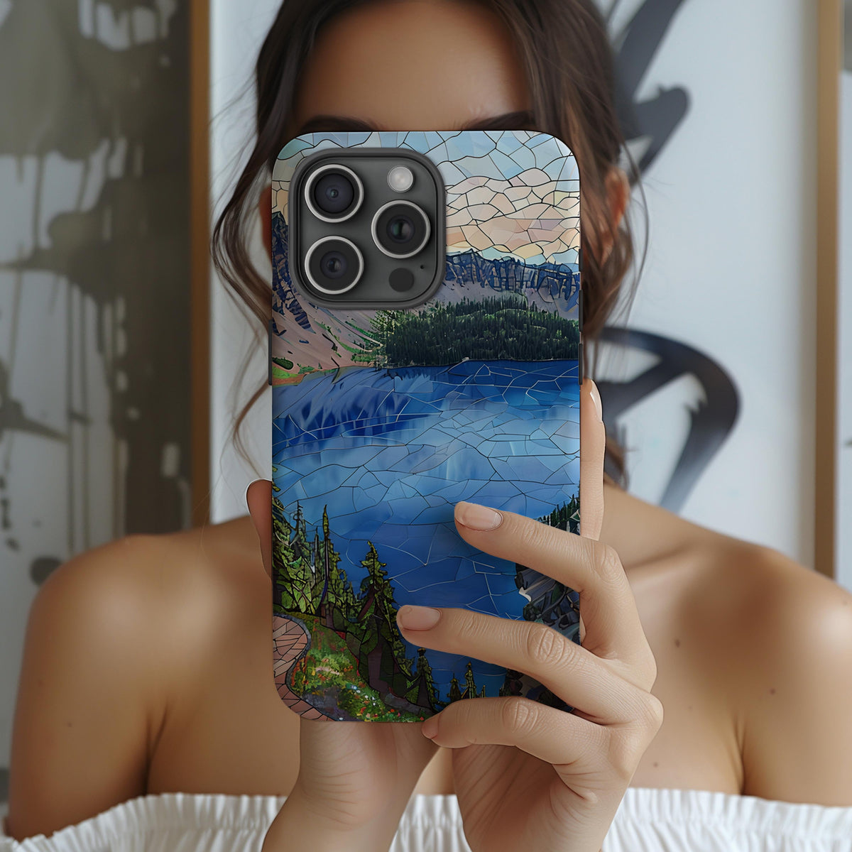 Crater Lake National Park Tough Case, Mosaic Deep Blue Lake Phone Case, Scenic Oregon Nature Cover Compatible with iPhone, Galaxy and Google