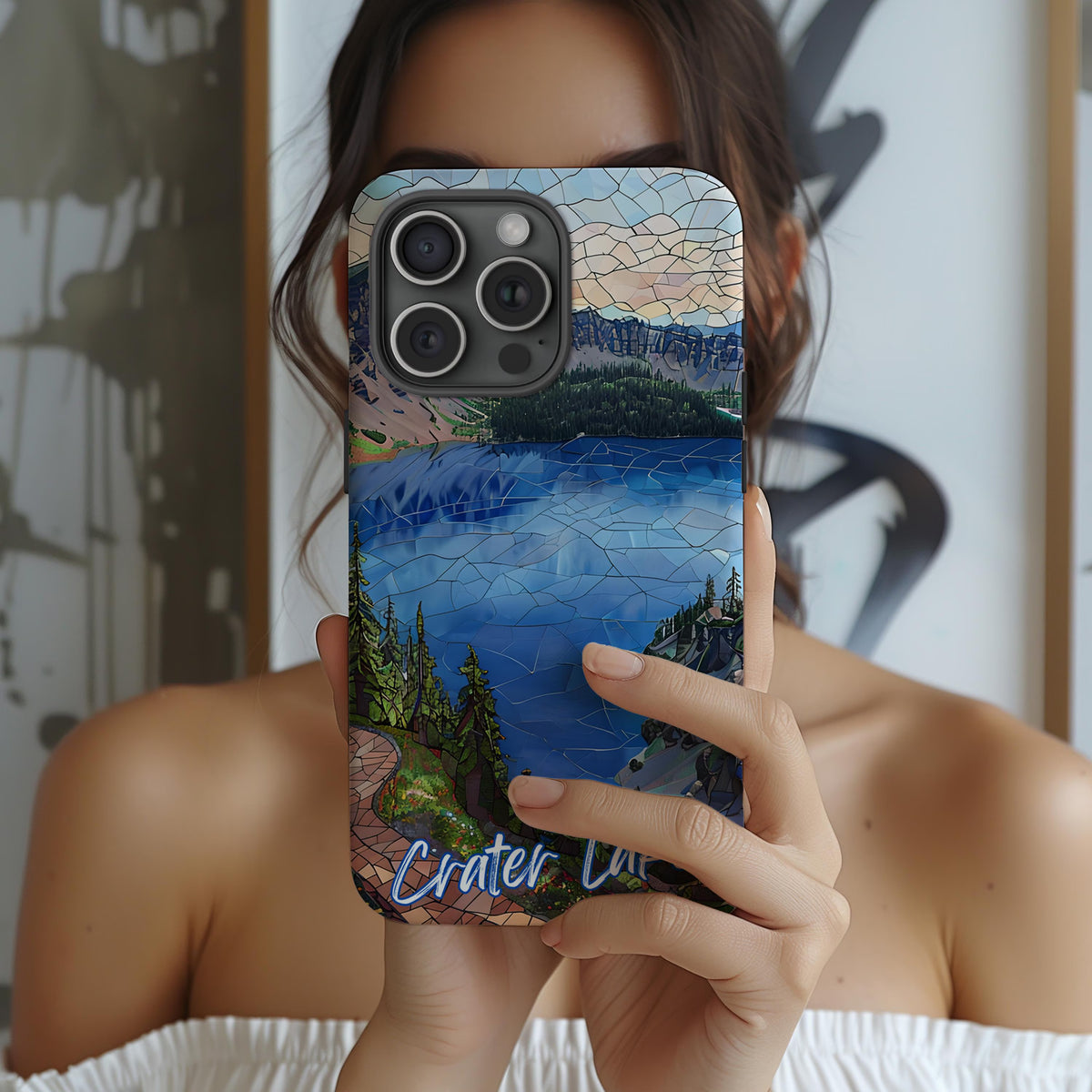 Crater Lake National Park Tough Case, Mosaic Deep Blue Lake Phone Case, Scenic Oregon Nature Cover Compatible with iPhone, Galaxy and Google