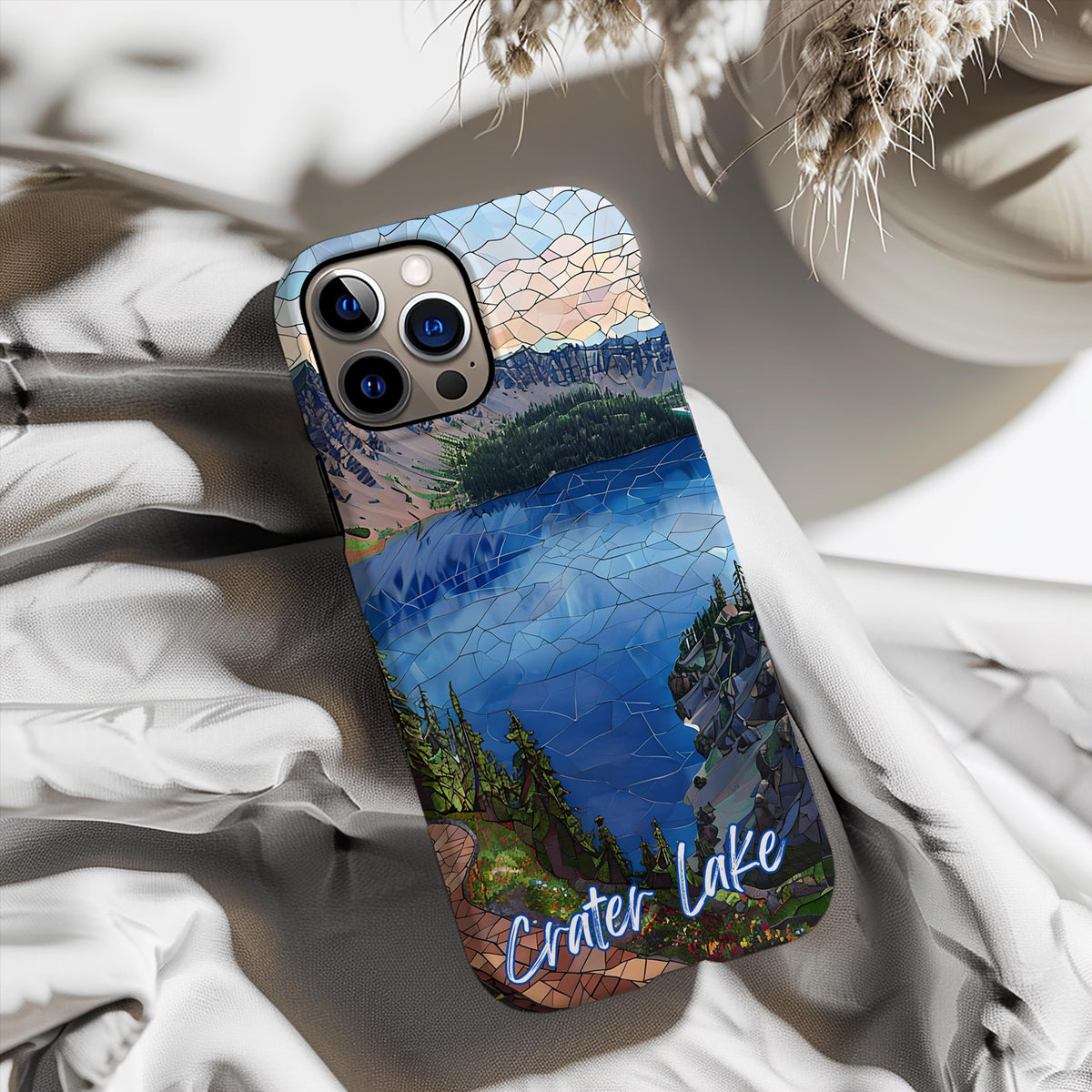 Crater Lake National Park Tough Case, Mosaic Deep Blue Lake Phone Case, Scenic Oregon Nature Cover Compatible with iPhone, Galaxy and Google