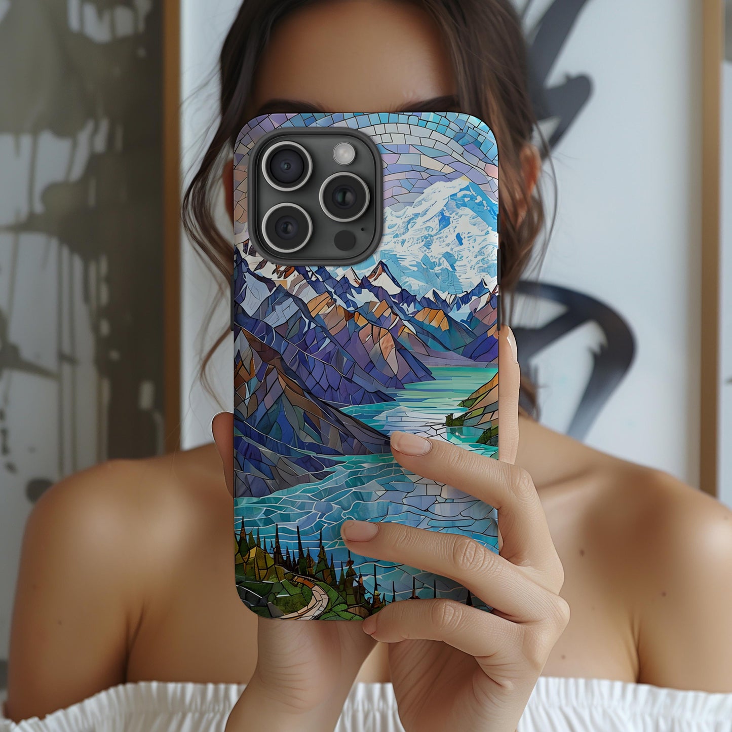Denali National Park Tough Case, Mosaic Mountain Lake Phone Case, Scenic Alaska Wilderness Cover Compatible with iPhone, Galaxy and Google