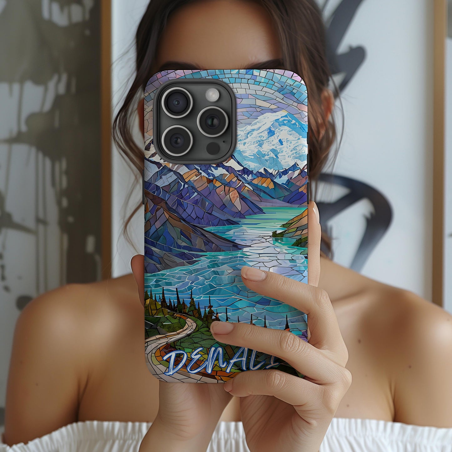 Denali National Park Tough Case, Mosaic Mountain Lake Phone Case, Scenic Alaska Wilderness Cover Compatible with iPhone, Galaxy and Google