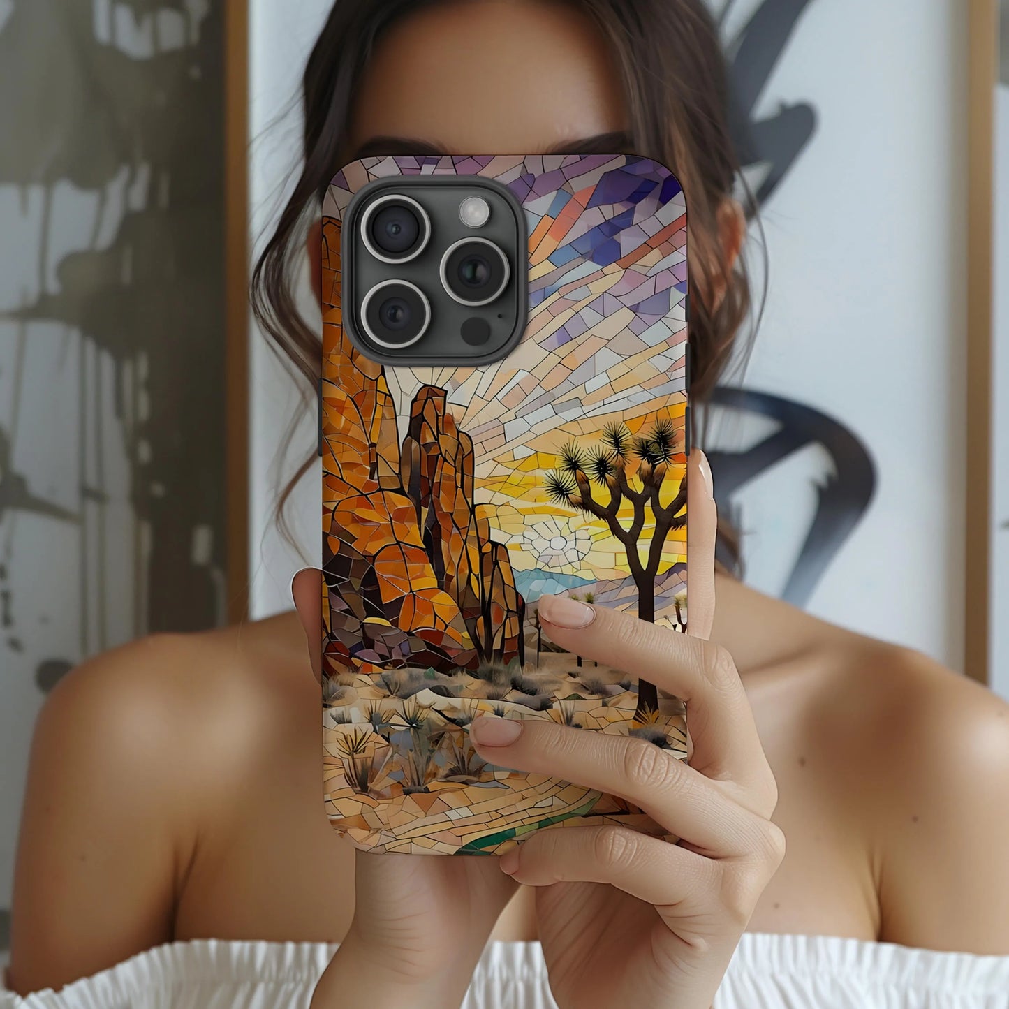 Joshua Tree Tough Case, Desert Rock and Sunset Mosaic Phone Cover, National Park Art Case Compatible with iPhone, Galaxy and Google