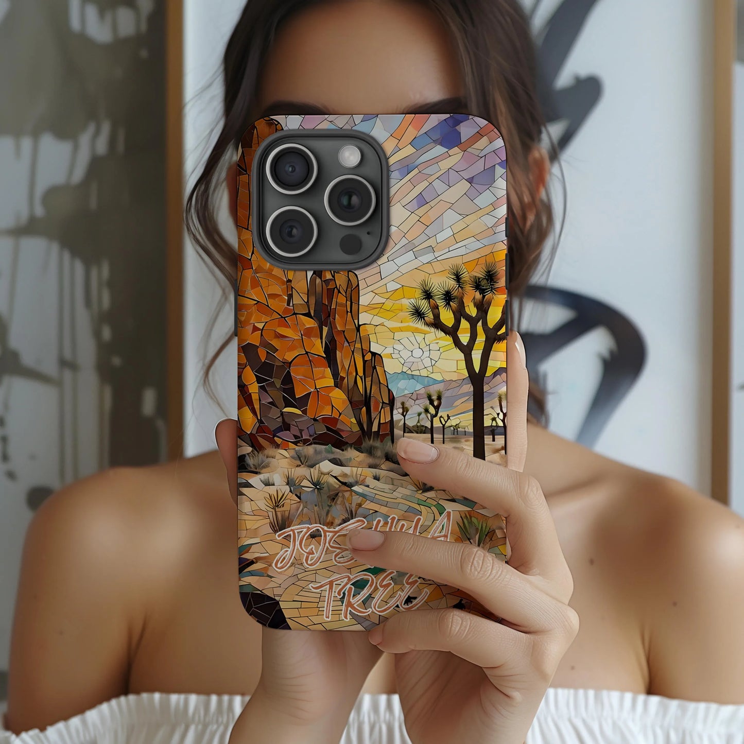 Joshua Tree Tough Case, Desert Rock and Sunset Mosaic Phone Cover, National Park Art Case Compatible with iPhone, Galaxy and Google