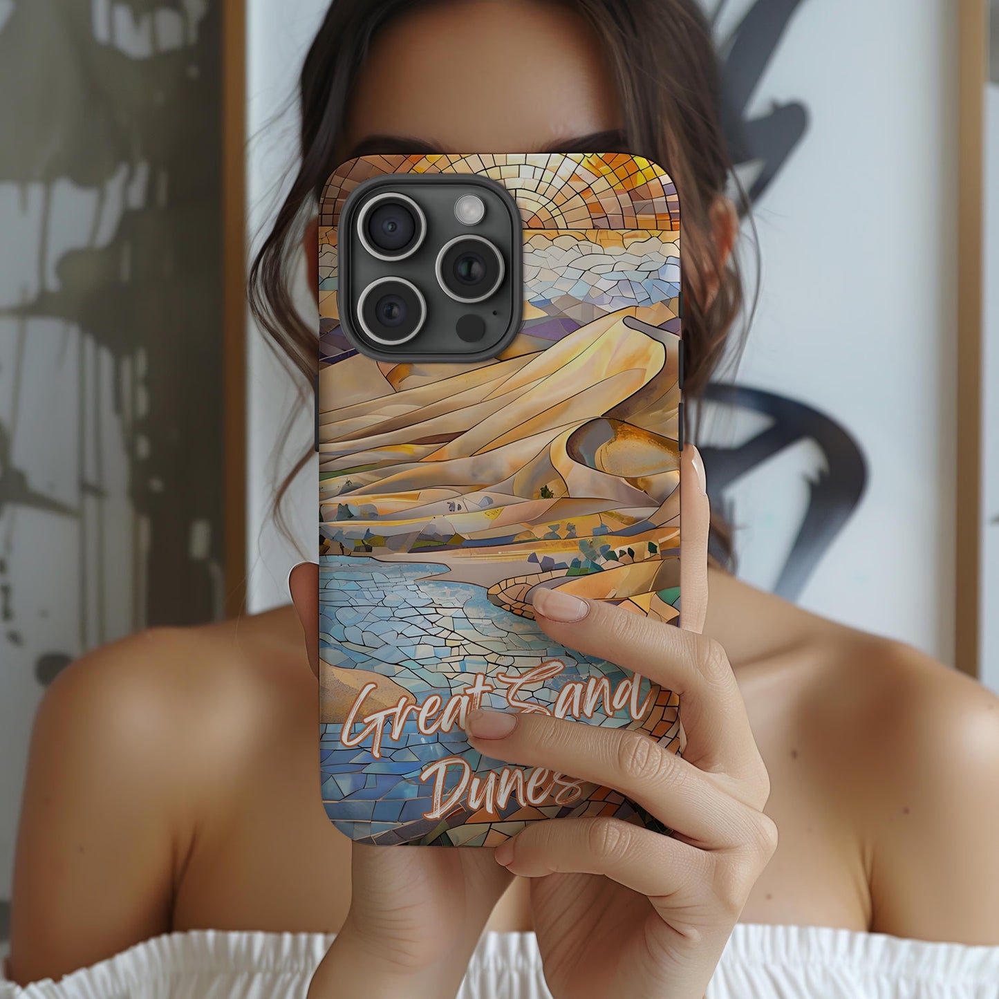 Great Sand Dunes Tough Case, Colorado Desert Landscape Mosaic Art, National Park Phone Cover Compatible with iPhone, Galaxy and Google