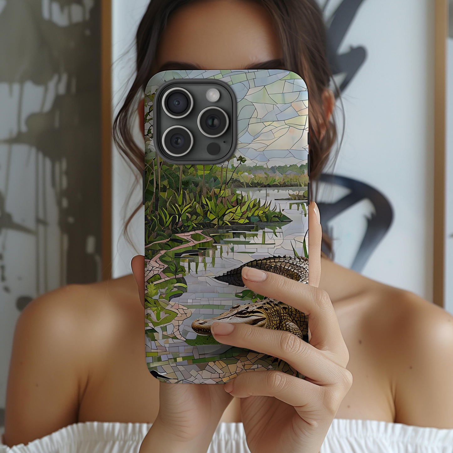 Everglades Tough Case, Florida Wetland Alligator Mosaic Phone Cover, National Park Design Compatible with iPhone, Galaxy and Google