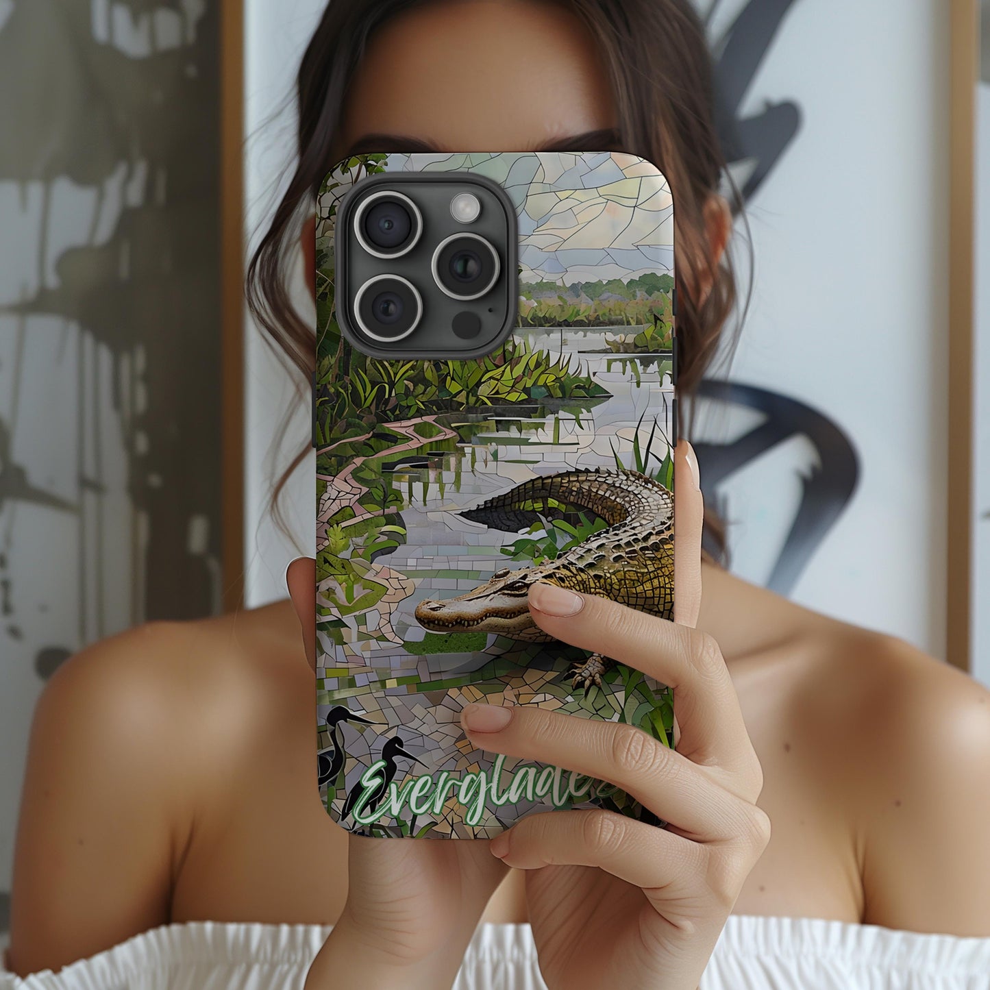 Everglades Tough Case, Florida Wetland Alligator Mosaic Phone Cover, National Park Design Compatible with iPhone, Galaxy and Google