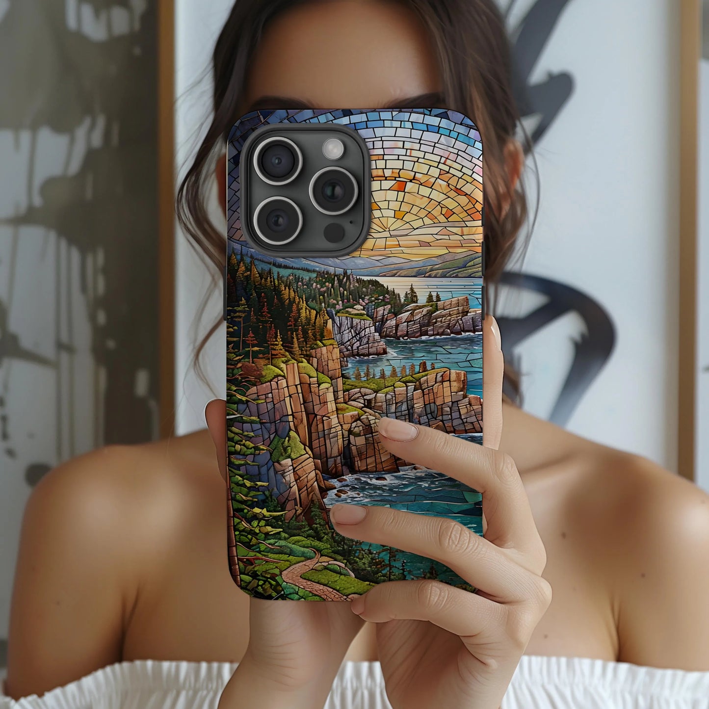 Acadia National Park Tough Case, Coastal Cliff Mosaic Art, Maine Ocean Phone Case Compatible with iPhone, Galaxy and Google