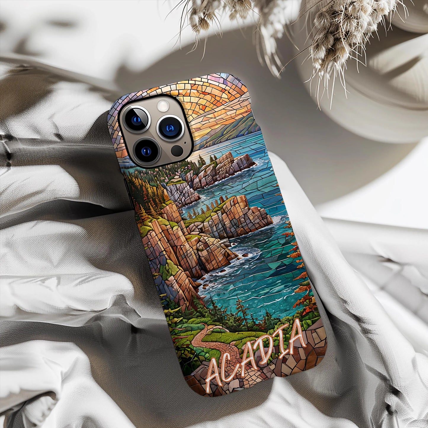 Acadia National Park Tough Case, Coastal Cliff Mosaic Art, Maine Ocean Phone Case Compatible with iPhone, Galaxy and Google