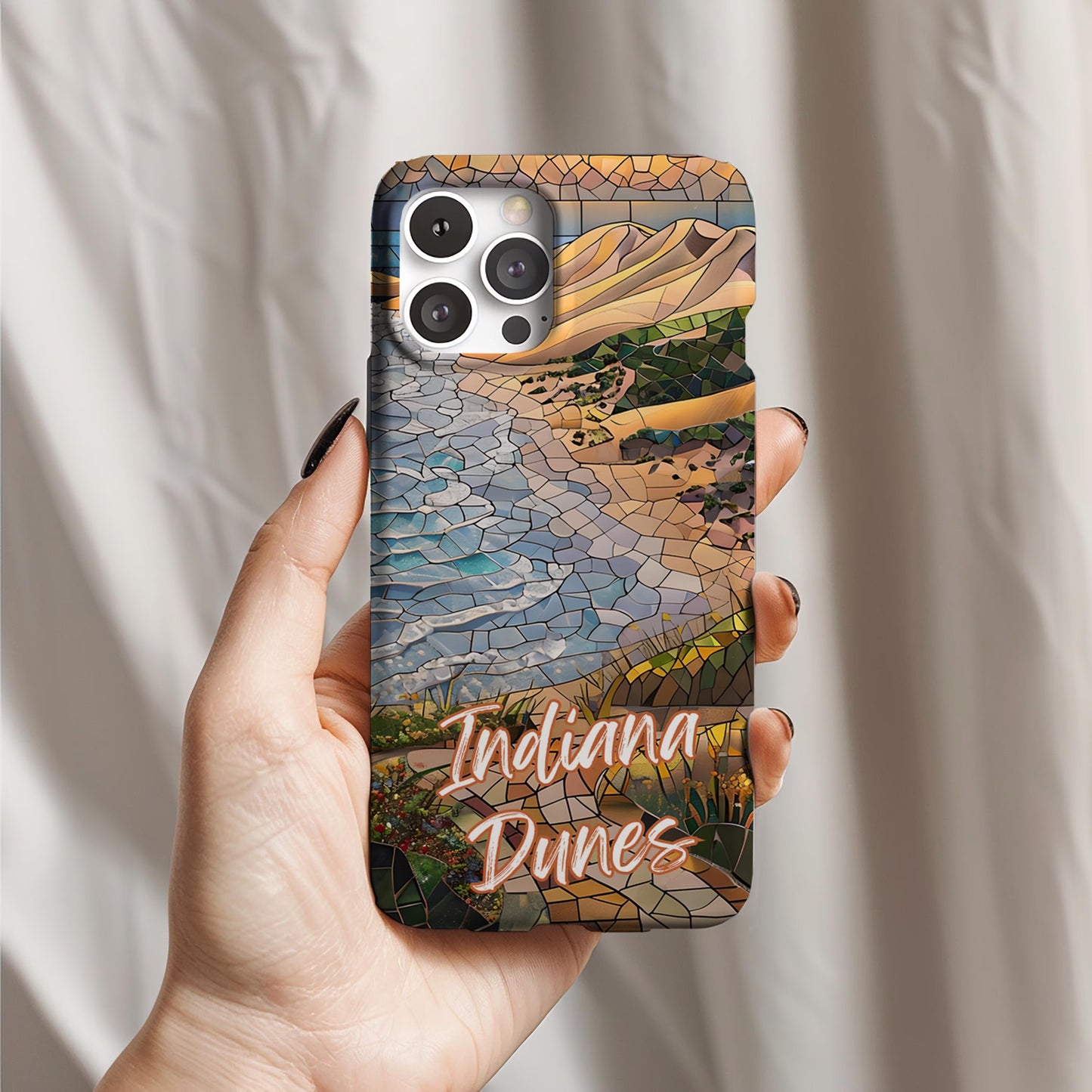 Indiana Dunes National Park Tough Case, Beach Shore Mosaic Art, Lake Michigan Dune Scene Compatible with iPhone, Galaxy, and Google