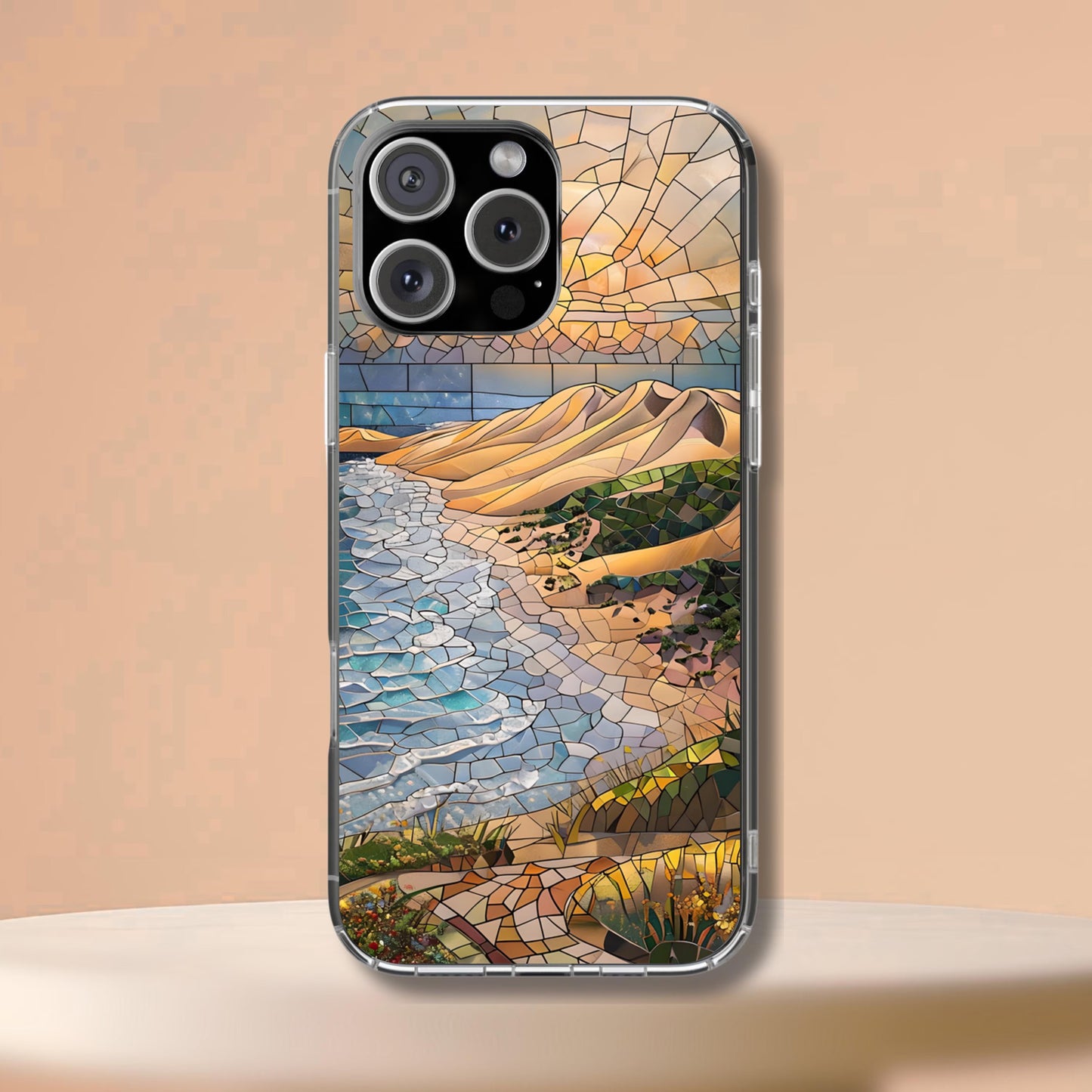 Indiana Dunes National Park Tough Case, Beach Shore Mosaic Art, Lake Michigan Dune Scene Compatible with iPhone, Galaxy, and Google