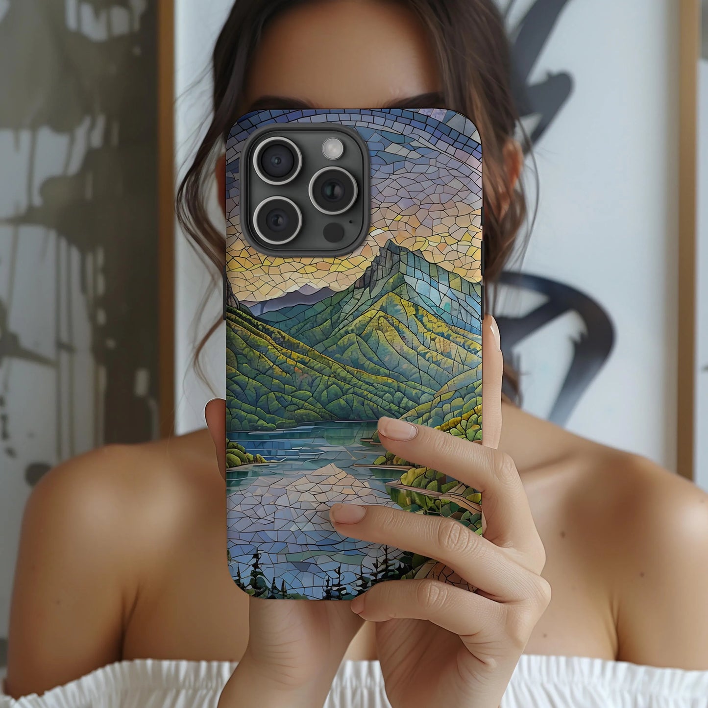 Smokey Mountains National Park Tough Case, Scenic Mountain Lake Mosaic Art Compatible with iPhone 17, 16, 15, 14, 13, Galaxy, and Google