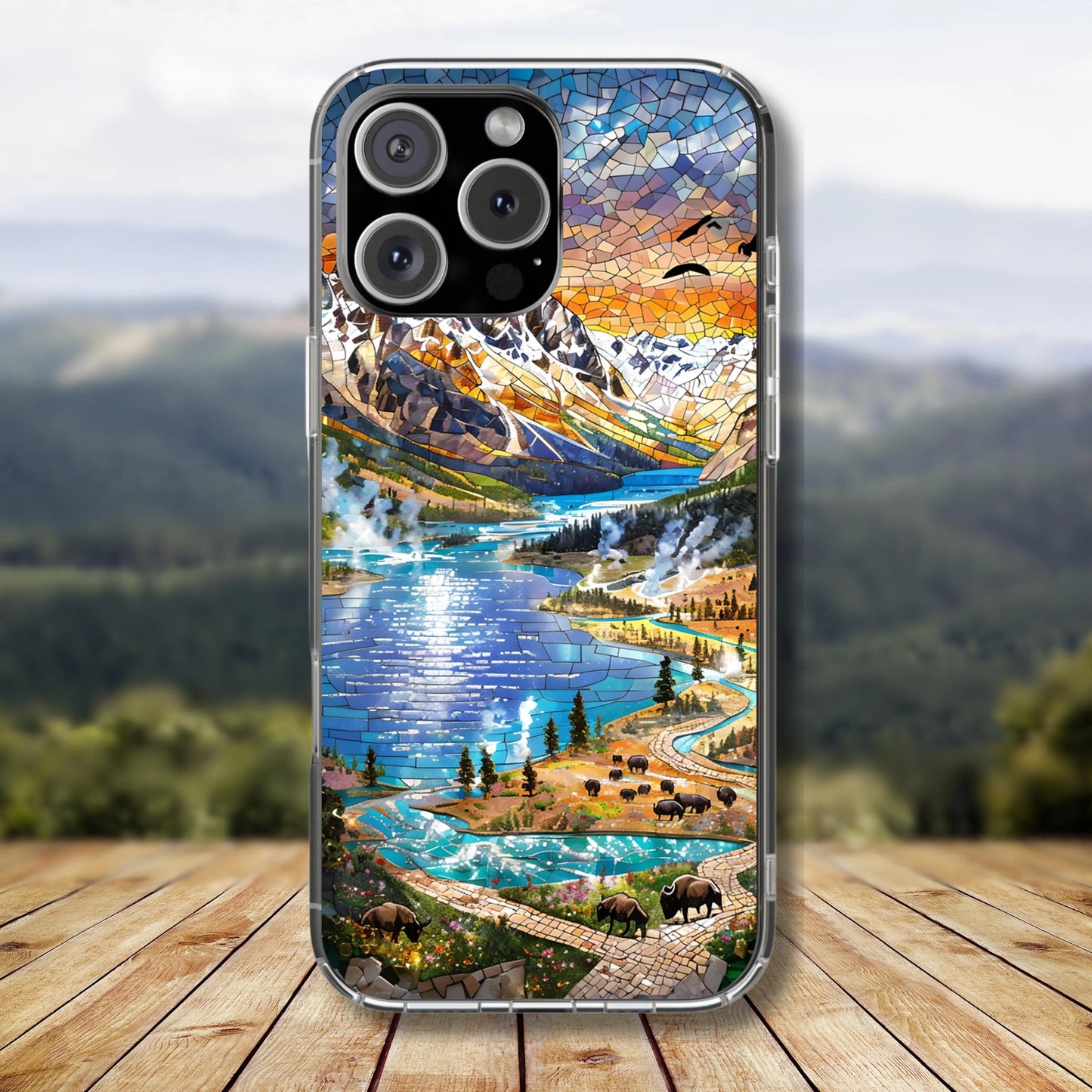 Yellowstone National Park Tough Case, Mosaic Landscape Phone Case, Scenic Wildlife Phone Cover Compatible with iPhone, Galaxy and Google
