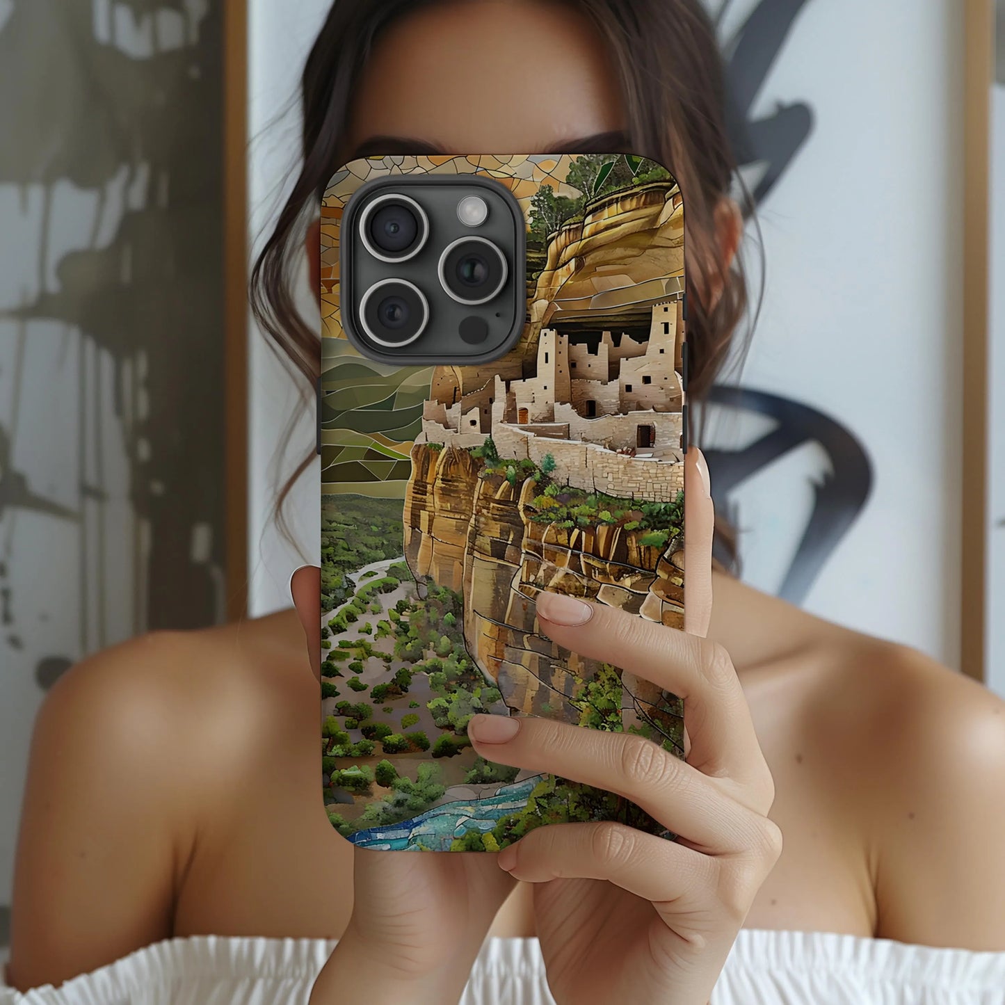 Mesa Verde National Park Tough Case, Mosaic Cliff Dwelling Phone Case, Southwest Desert Design Compatible with iPhone, Galaxy and Google