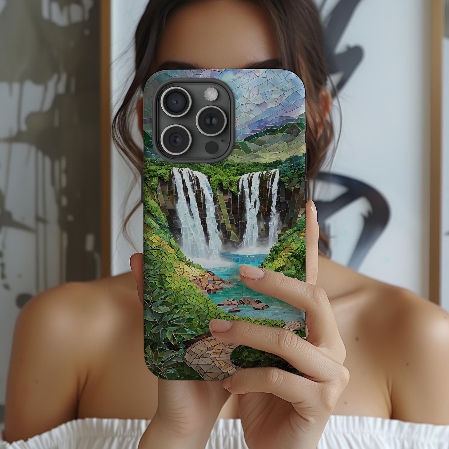 Maui Hawaii Tough Case, Waterfall Mosaic Phone Case Tropical Landscape Phone Cover Compatible with iPhone, Galaxy and Google
