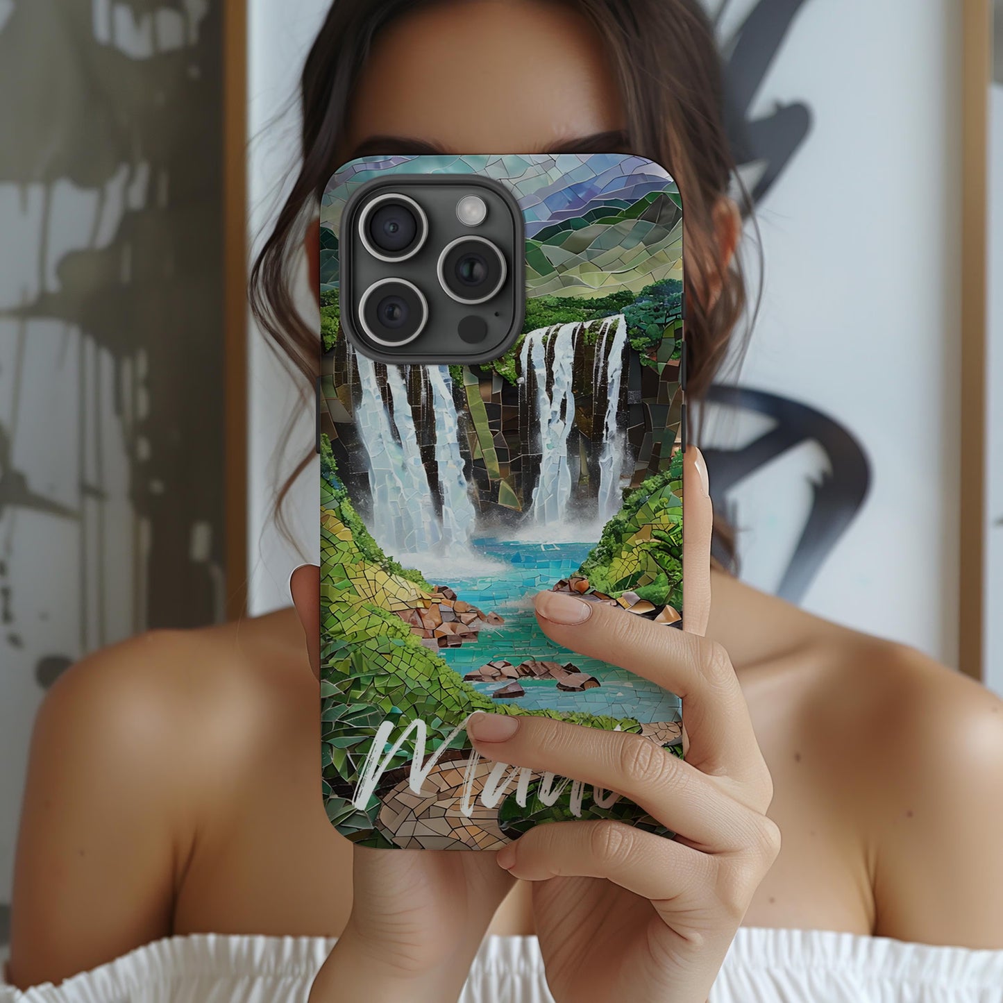 Maui Hawaii Tough Case, Waterfall Mosaic Phone Case Tropical Landscape Phone Cover Compatible with iPhone, Galaxy and Google