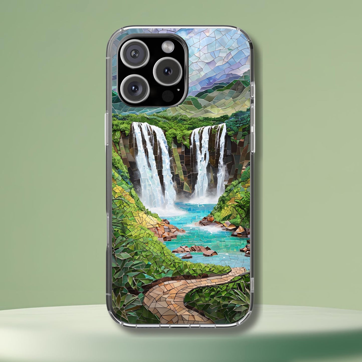 Maui Hawaii Tough Case, Waterfall Mosaic Phone Case Tropical Landscape Phone Cover Compatible with iPhone, Galaxy and Google