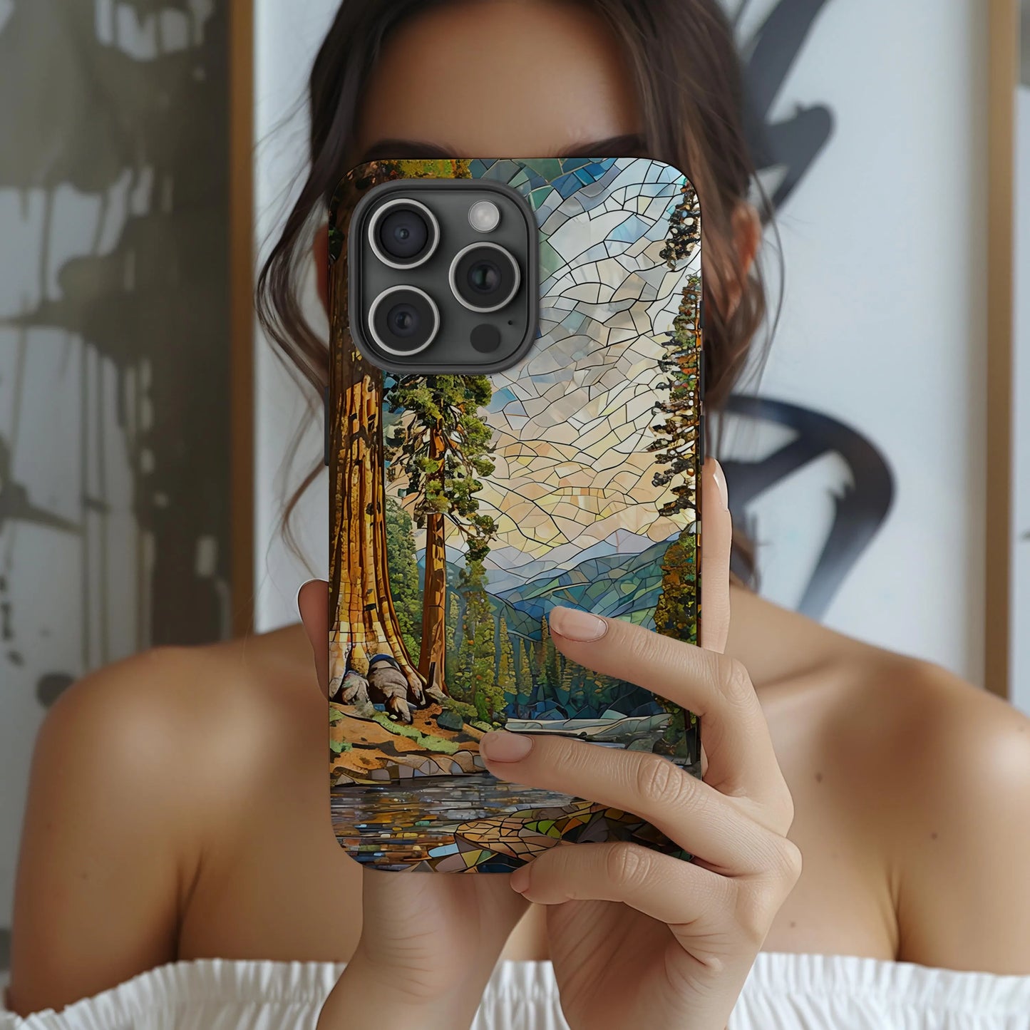 Sequoia National Park Tough Case, Mosaic Giant Tree Phone Case, Scenic Forest Trail Cover Compatible with iPhone, Galaxy, and Google