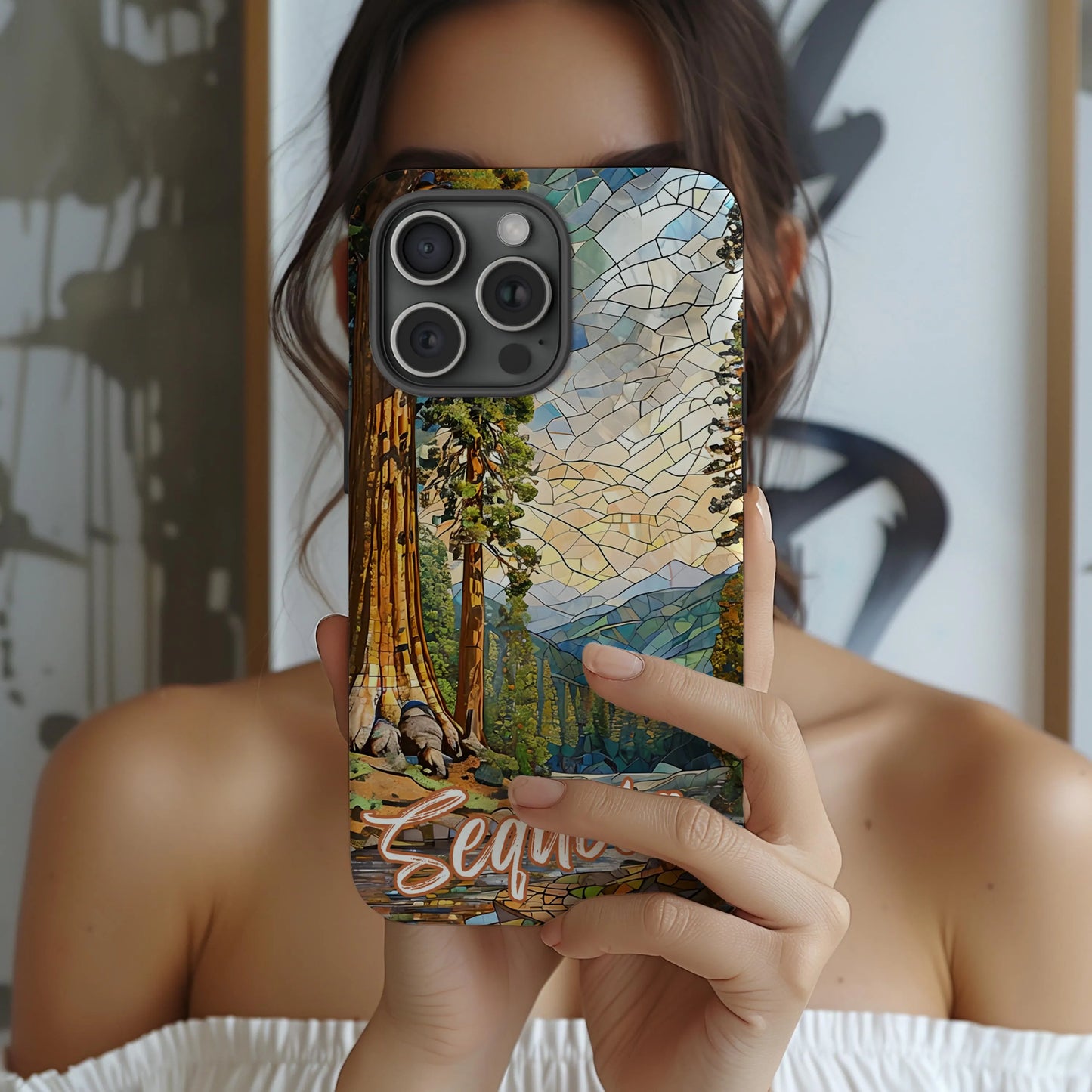 Sequoia National Park Tough Case, Mosaic Giant Tree Phone Case, Scenic Forest Trail Cover Compatible with iPhone, Galaxy, and Google