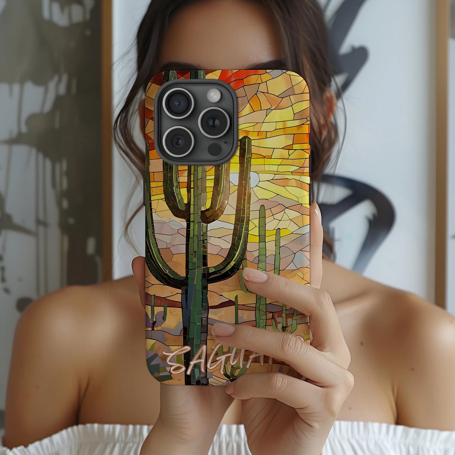 Saguaro Mosaic Tough Phone Case, Vibrant Desert Cactus Art, Southwest Nature Aesthetic, Compatible with iPhone, Galaxy and Google