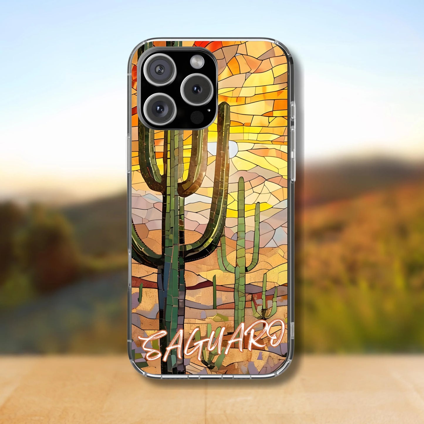 Saguaro Mosaic Tough Phone Case, Vibrant Desert Cactus Art, Southwest Nature Aesthetic, Compatible with iPhone, Galaxy and Google