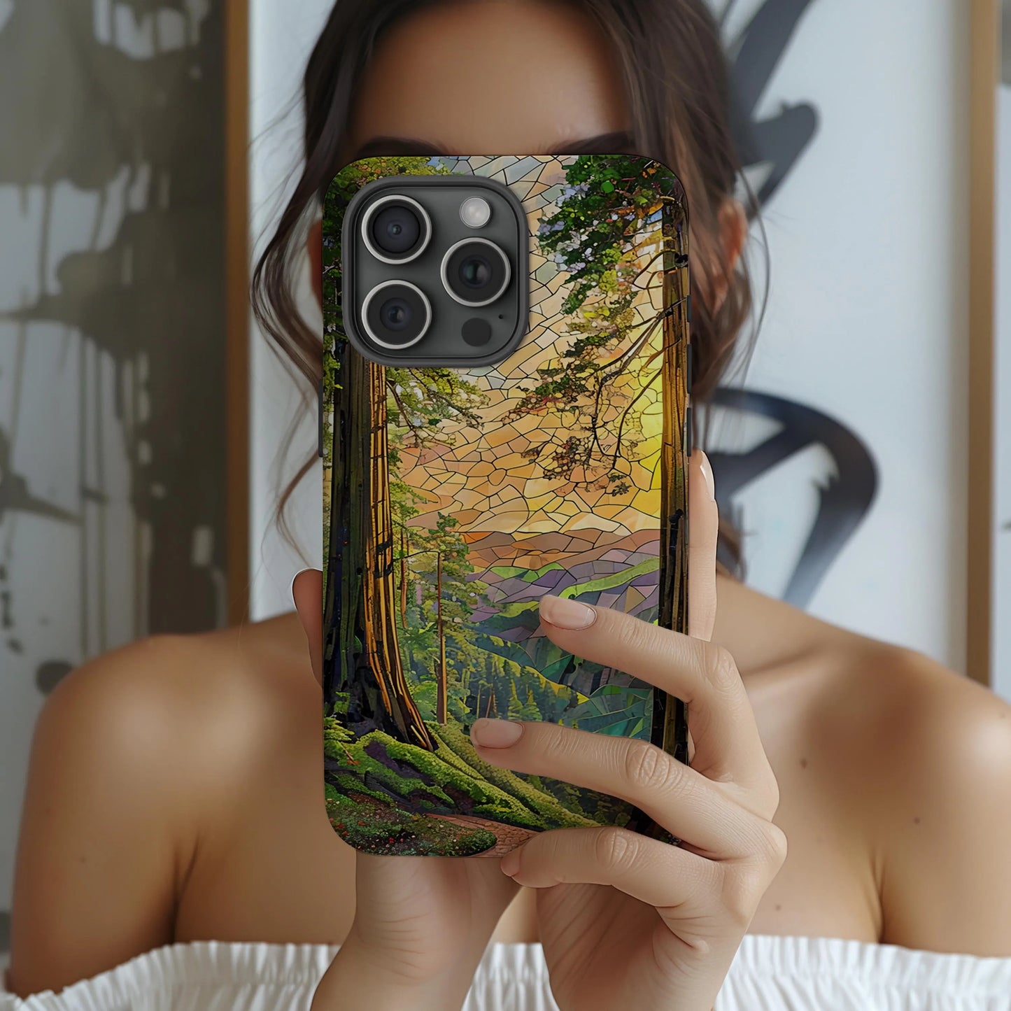 Redwood National Park Tough Case, Mosaic Forest Sunset Phone Case, California Nature Trail Cover Compatible with iPhone, Galaxy, and Google