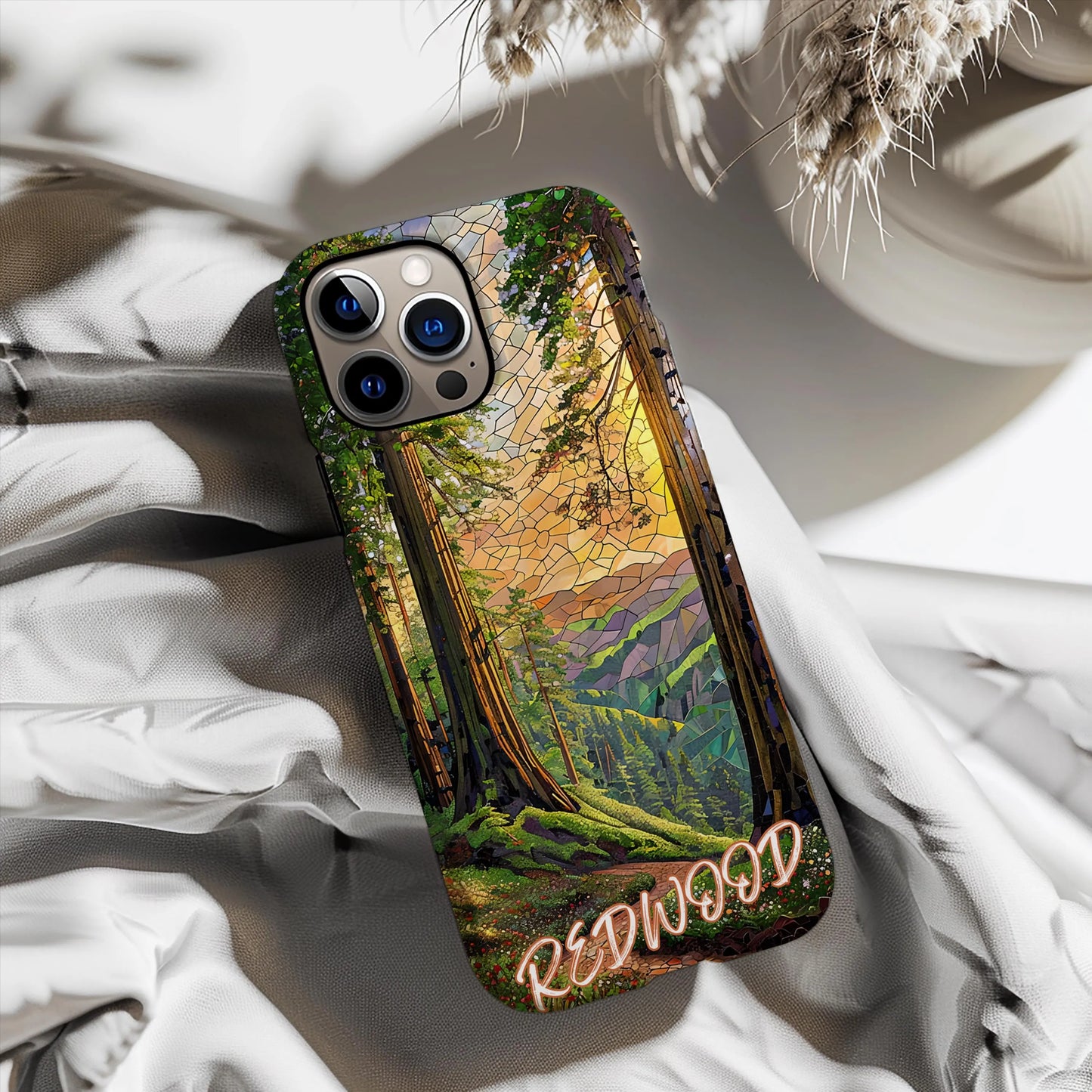 Redwood National Park Tough Case, Mosaic Forest Sunset Phone Case, California Nature Trail Cover Compatible with iPhone, Galaxy, and Google