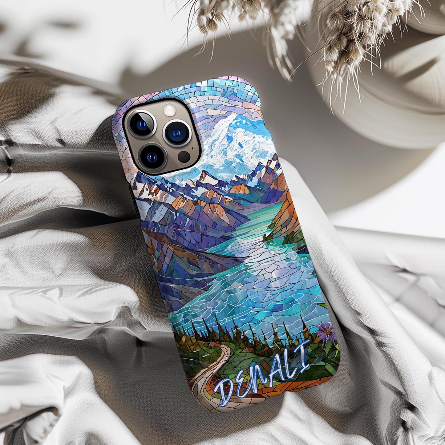 Denali National Park Tough Case, Mosaic Mountain Lake Phone Case, Scenic Alaska Wilderness Cover Compatible with iPhone, Galaxy and Google