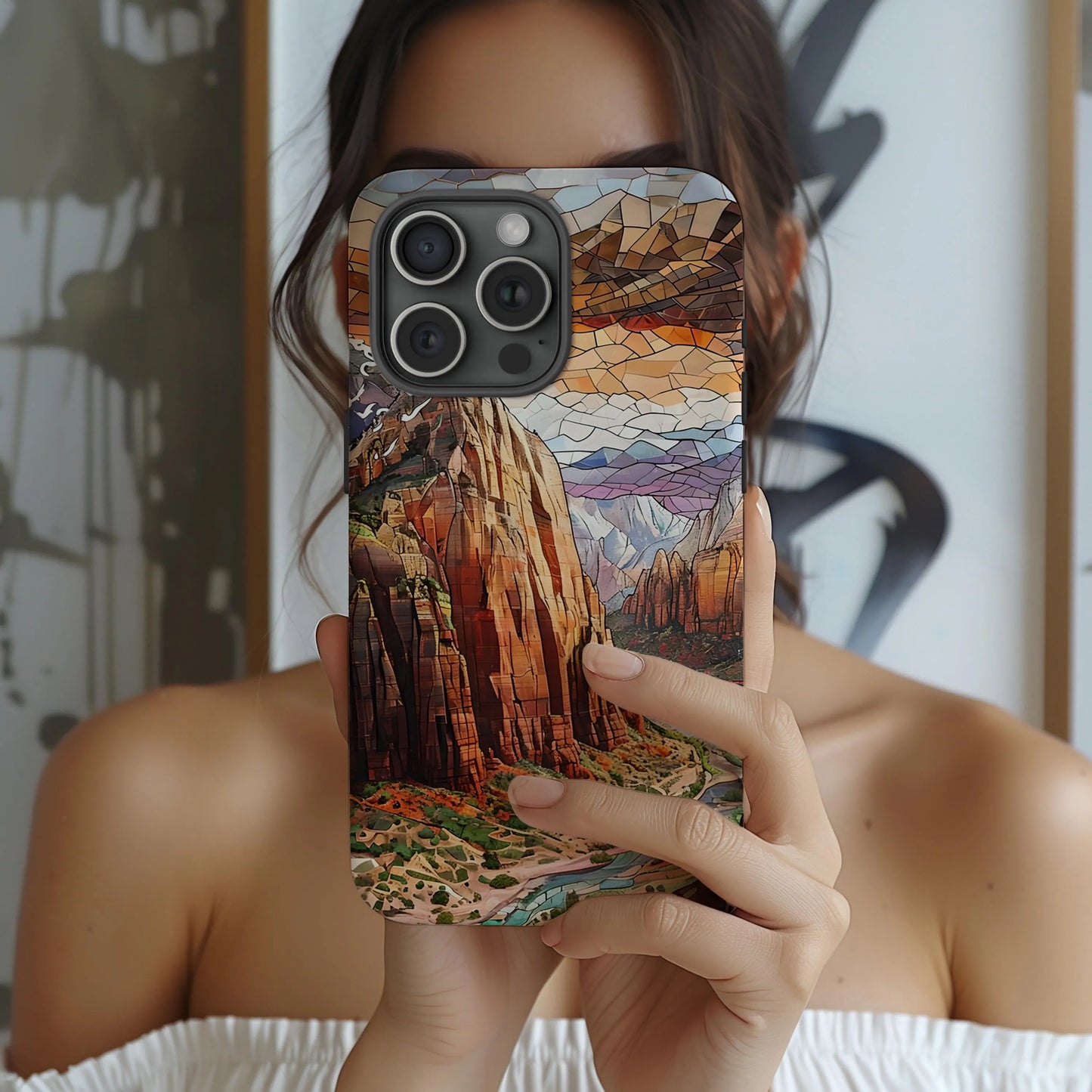 Zion Tough Case Red Rock Utah National Park Phone Cover Mosaic Cliff Canyon Design Compatible with iPhone, Galaxy and Google