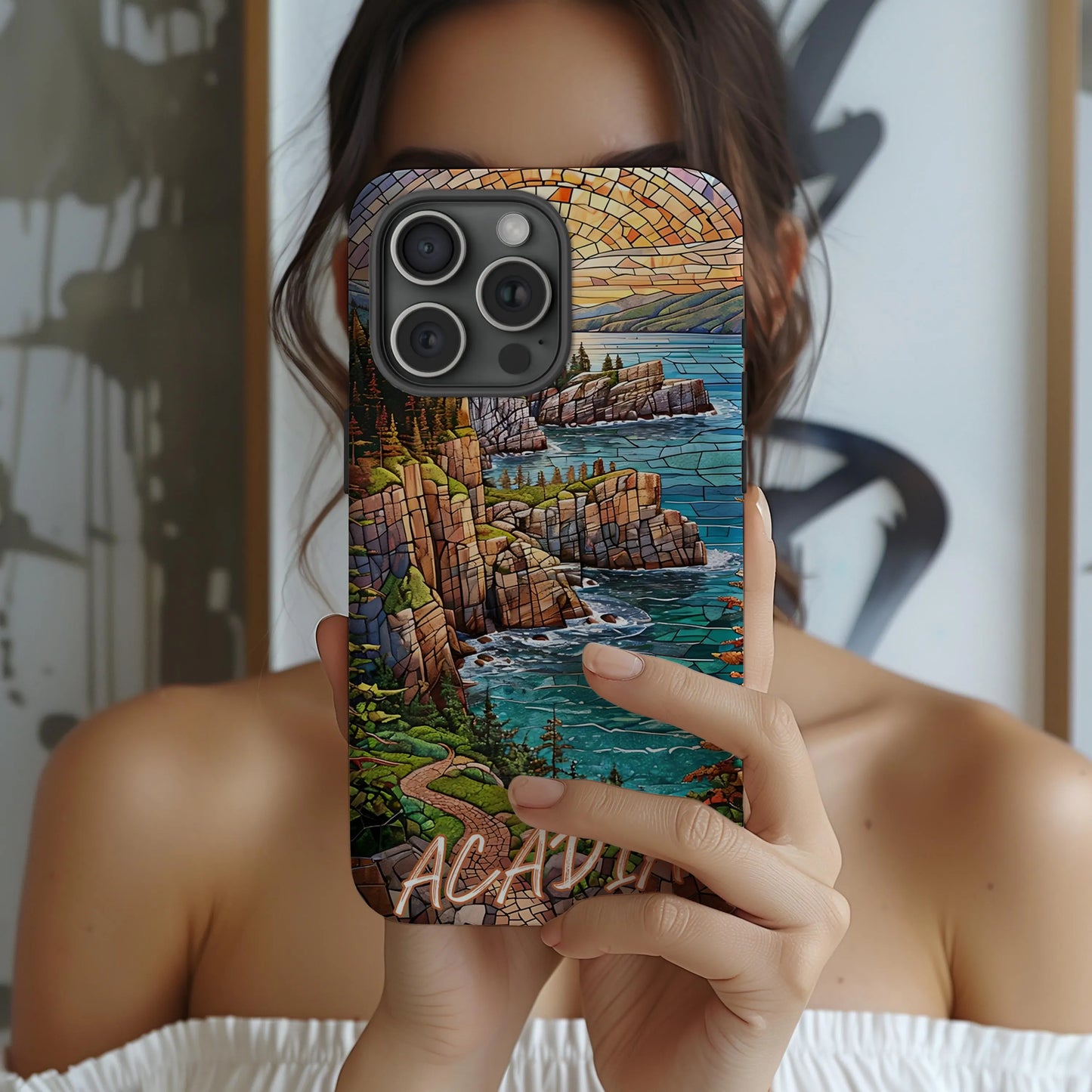 Acadia National Park Tough Case, Coastal Cliff Mosaic Art, Maine Ocean Phone Case Compatible with iPhone, Galaxy and Google