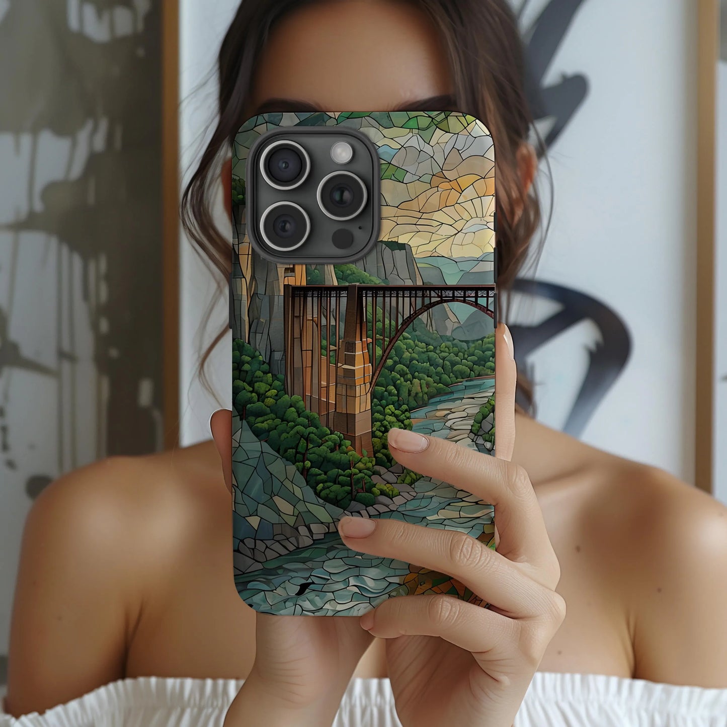 New River Gorge Tough Case West Virginia Mosaic Bridge Art National Park Phone Case Compatible with iPhone, Galaxy and Google