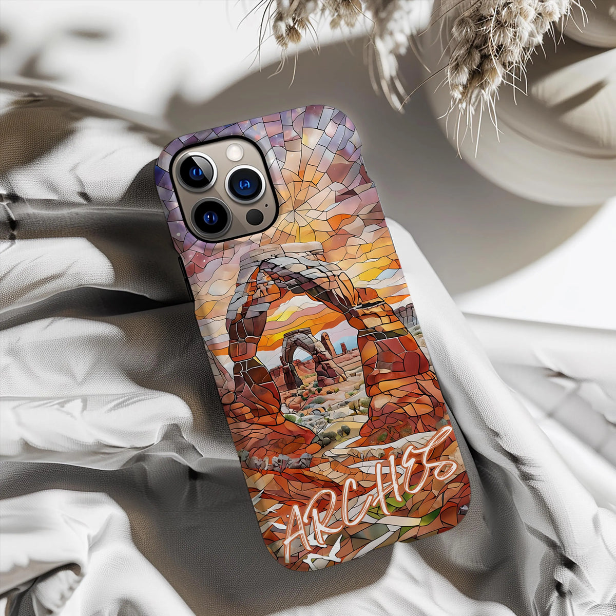 Arches Tough Case Utah National Park Sunset Phone Cover Red Rock Desert Mosaic Art Compatible with iPhone, Galaxy and Google
