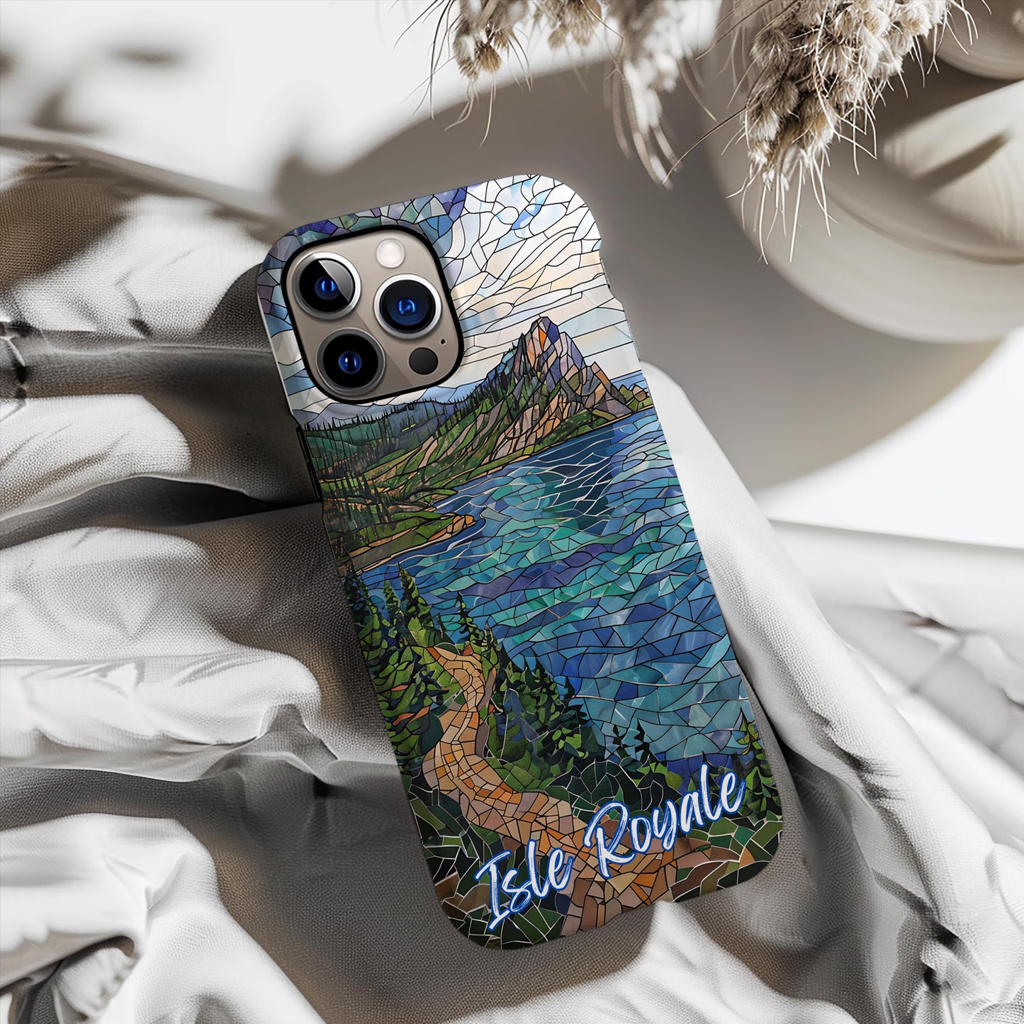Isle Royale National Park Tough Case, Lake Superior Mosaic Art, Remote Wilderness Phone Case Compatible with iPhone Galaxy, and Google