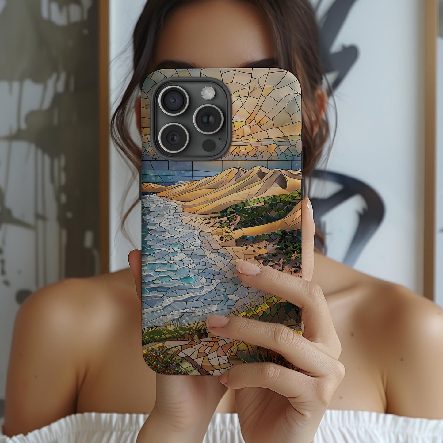 Indiana Dunes National Park Tough Case, Beach Shore Mosaic Art, Lake Michigan Dune Scene Compatible with iPhone, Galaxy, and Google