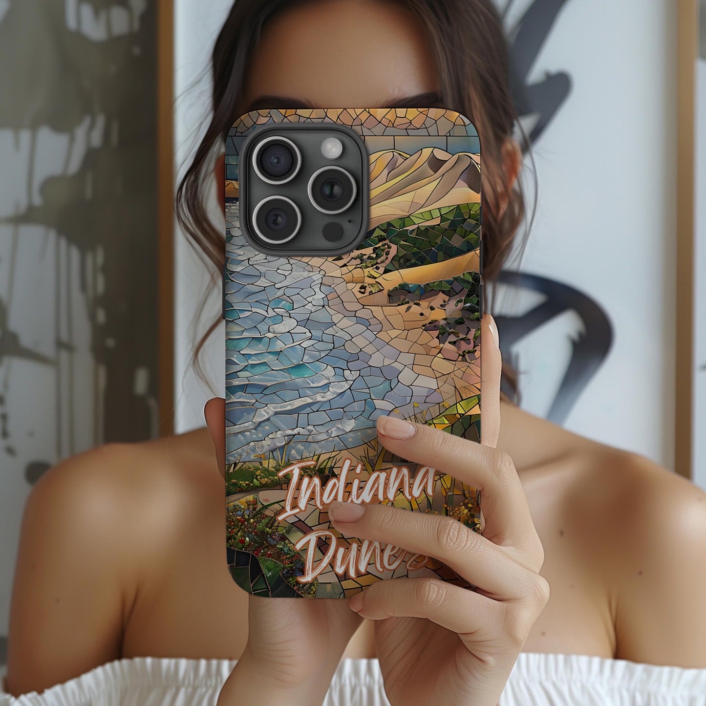 Indiana Dunes National Park Tough Case, Beach Shore Mosaic Art, Lake Michigan Dune Scene Compatible with iPhone, Galaxy, and Google