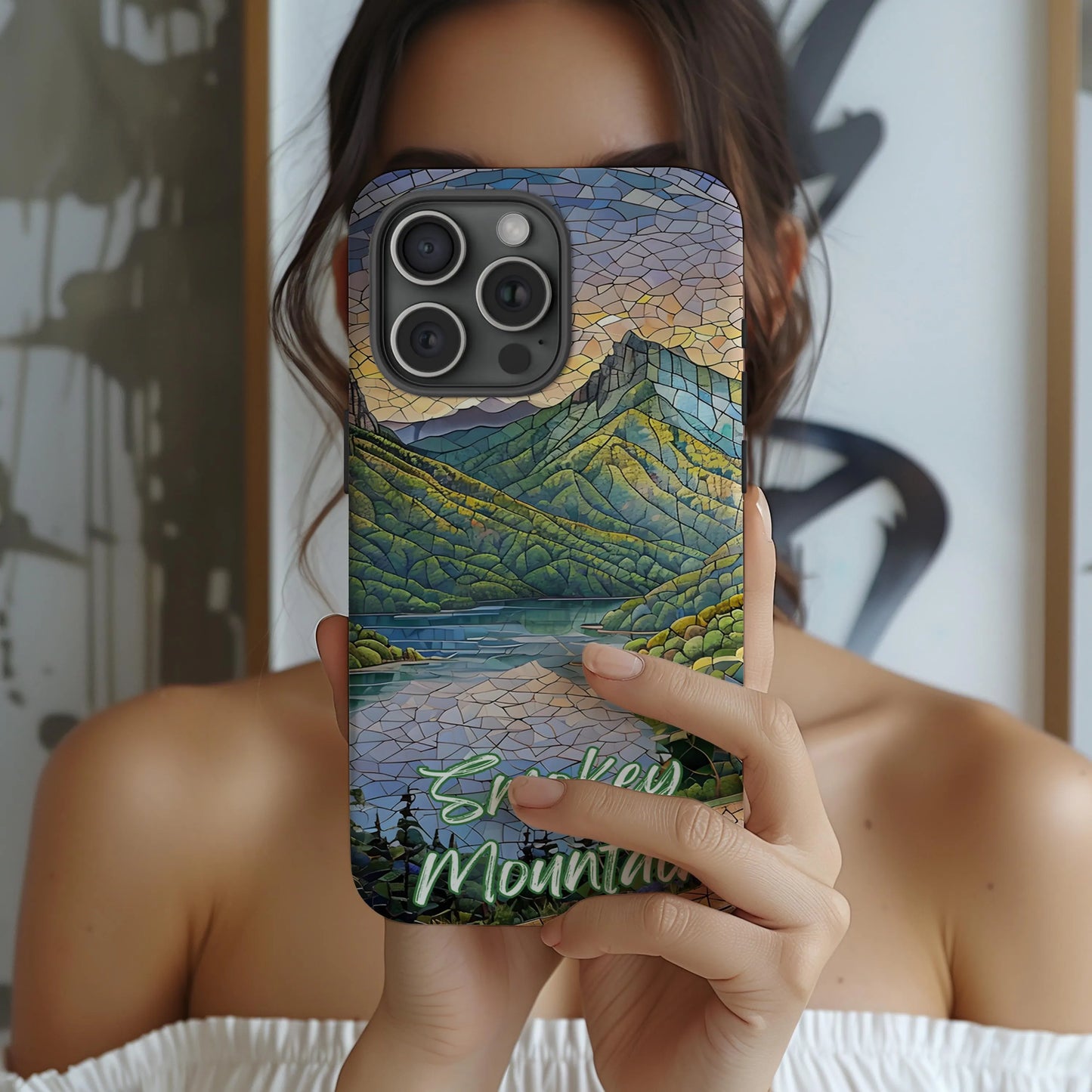 Smokey Mountains National Park Tough Case, Scenic Mountain Lake Mosaic Art Compatible with iPhone 17, 16, 15, 14, 13, Galaxy, and Google