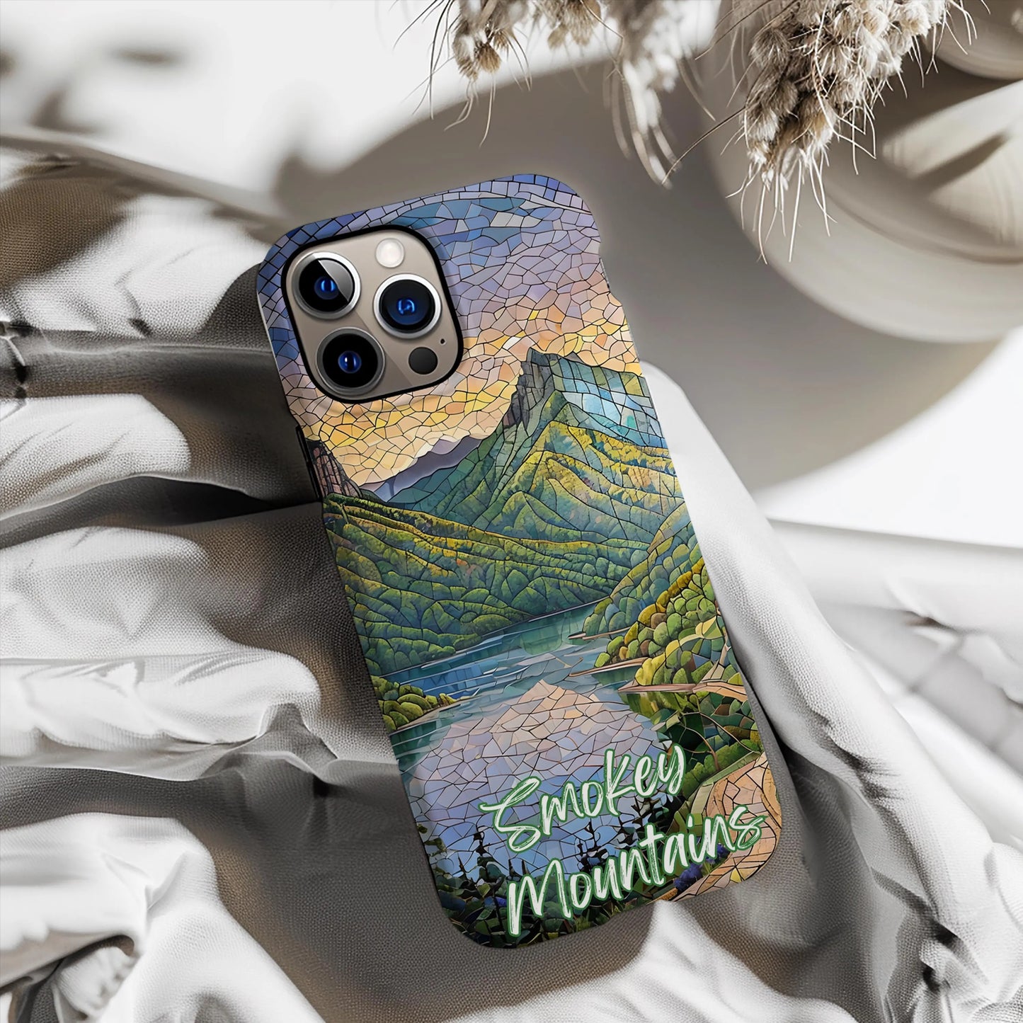 Smokey Mountains National Park Tough Case, Scenic Mountain Lake Mosaic Art Compatible with iPhone 17, 16, 15, 14, 13, Galaxy, and Google