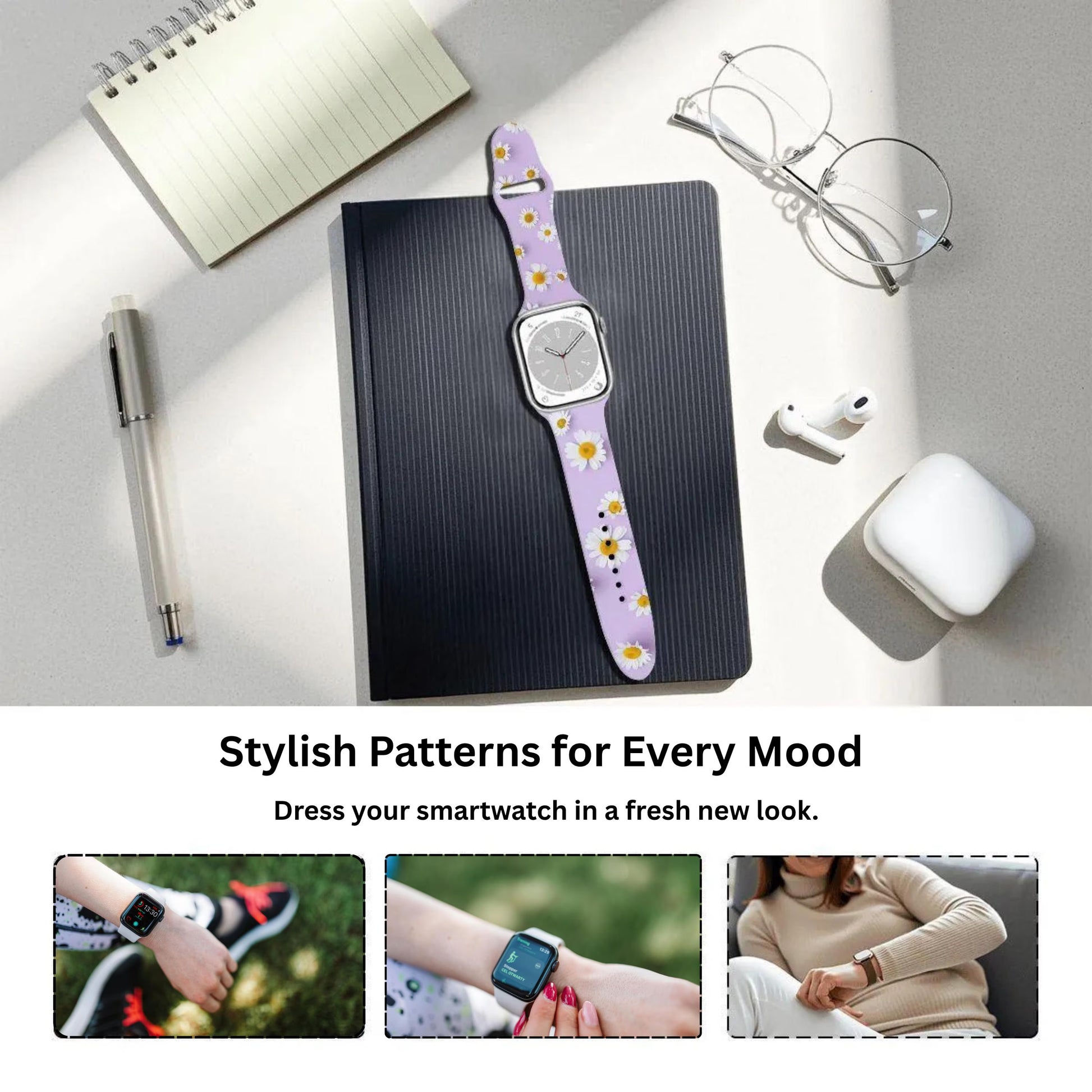 Pastel lavender Apple Watch band style – Soothing lavender color and white daisies combine to create a calm, aesthetic spring look.