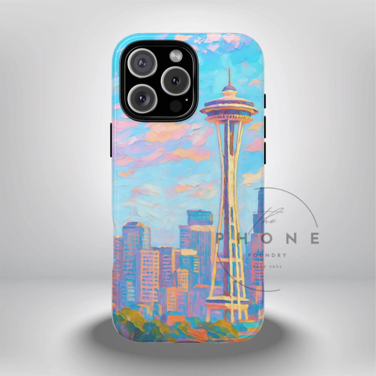 Cityscape Tough Phone Case, Seattle Skyline Art, Watercolor Day Design Compatible with iPhone, Galaxy, and Google