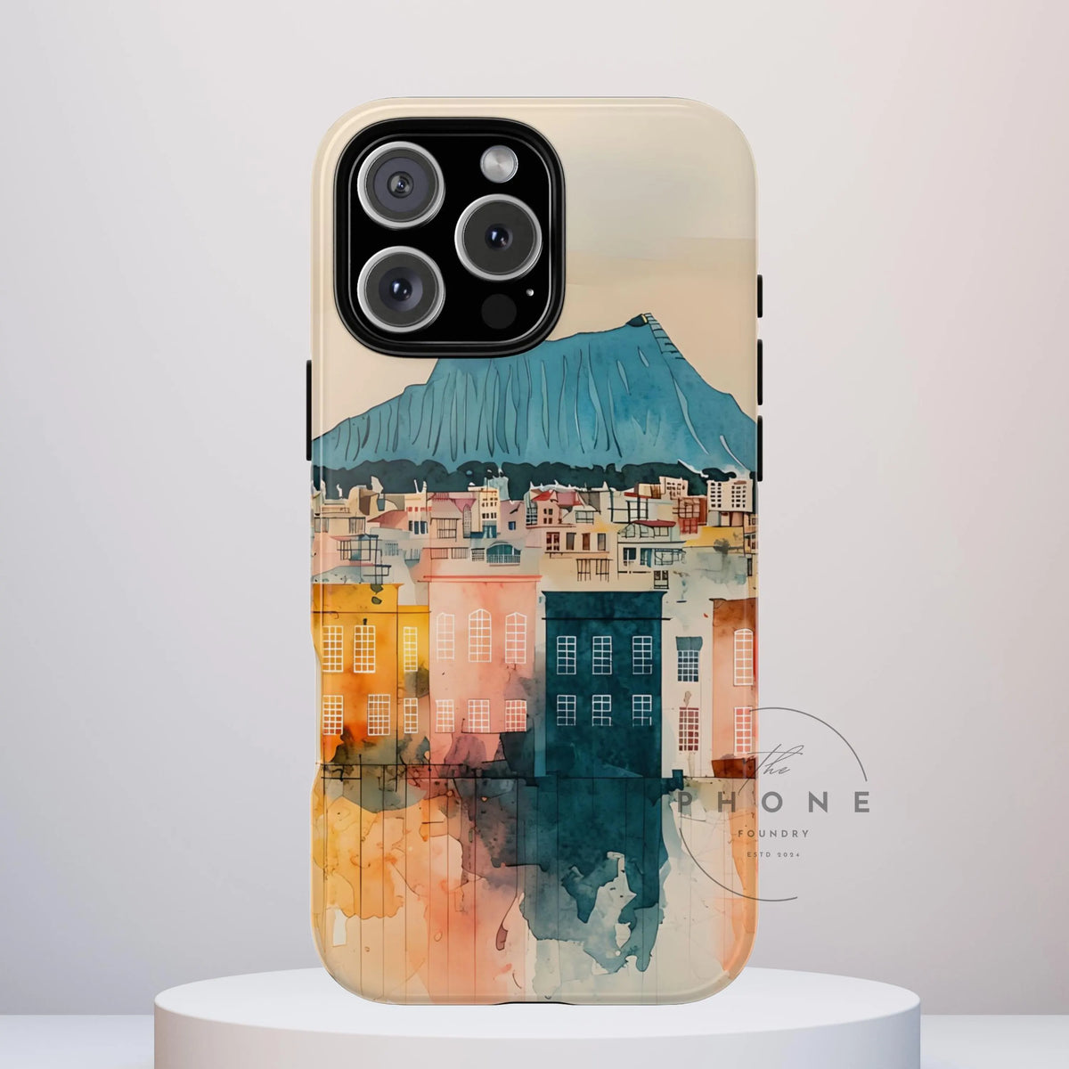 Cityscape Honolulu Tough Phone Case, Diamond Head, Hawaii Skyline Art, compatible with iPhone 17, 16, 15, 14, 13, Galaxy, Google