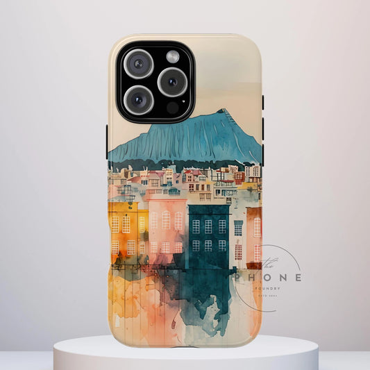 Cityscape Honolulu Tough Phone Case, Diamond Head, Hawaii Skyline Art, compatible with iPhone 17, 16, 15, 14, 13, Galaxy, Google
