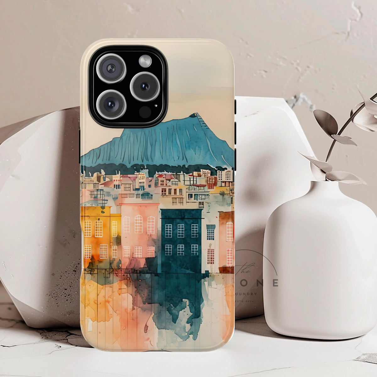 Cityscape Honolulu Tough Phone Case, Diamond Head, Hawaii Skyline Art, compatible with iPhone 17, 16, 15, 14, 13, Galaxy, Google