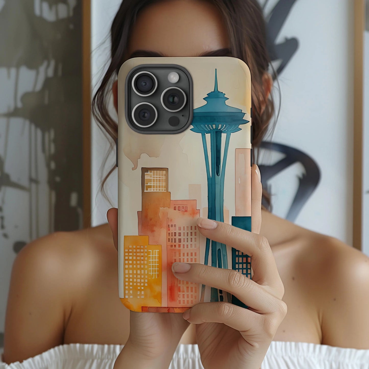 Cityscape Tough Phone Case, Seattle Skyline Phone Cover, Watercolor Art Design, Compatible with iPhone, Galaxy & Google