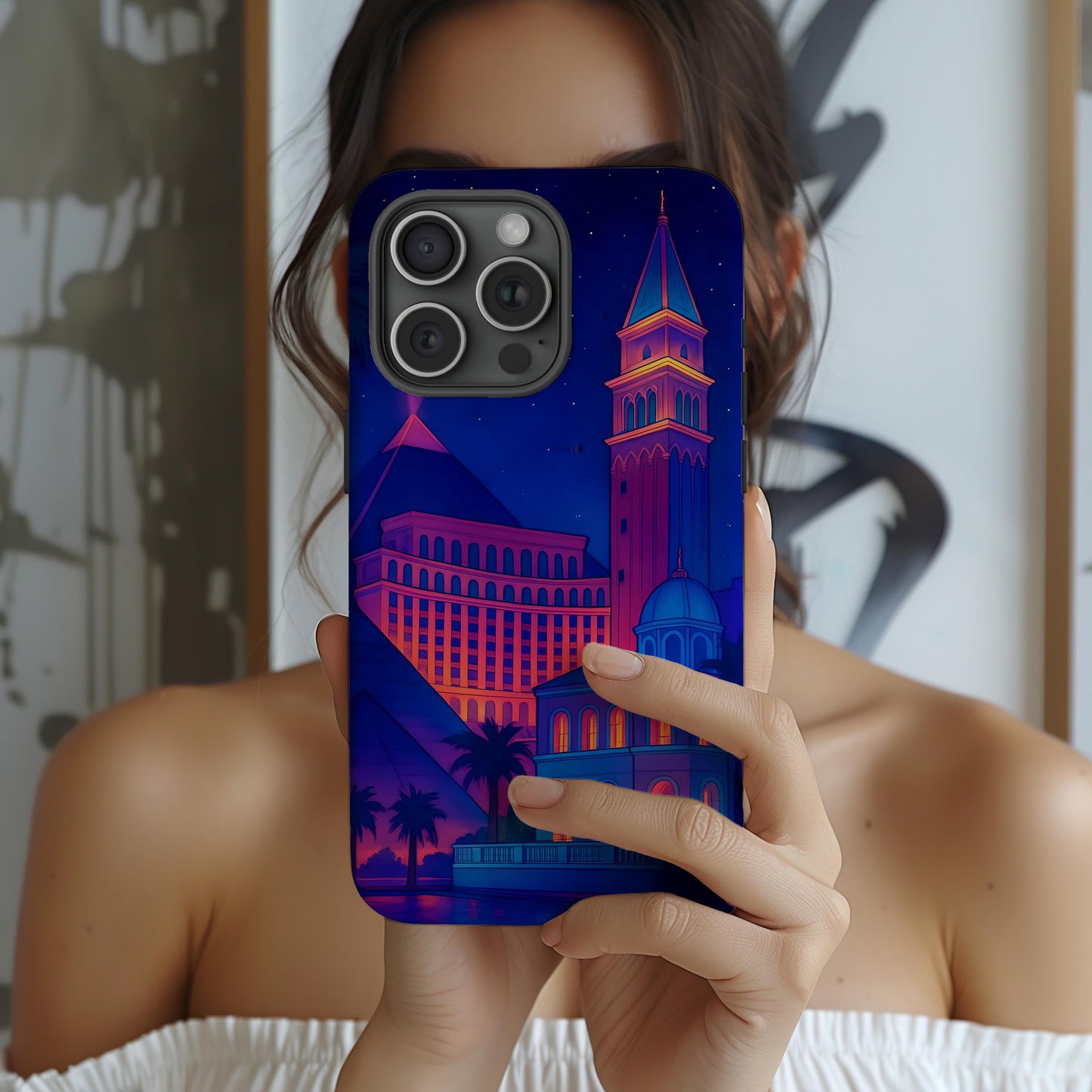 Cityscape Tough Phone Case, Las Vegas Strip Skyline Phone Cover, Neon Night Design, Compatible with iPhone, Galaxy & Google
