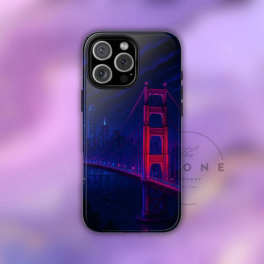 Cityscape Tough Phone Case, San Francisco Skyline Phone Cover, Neon Night Design Compatible with iPhone, Galaxy & Google